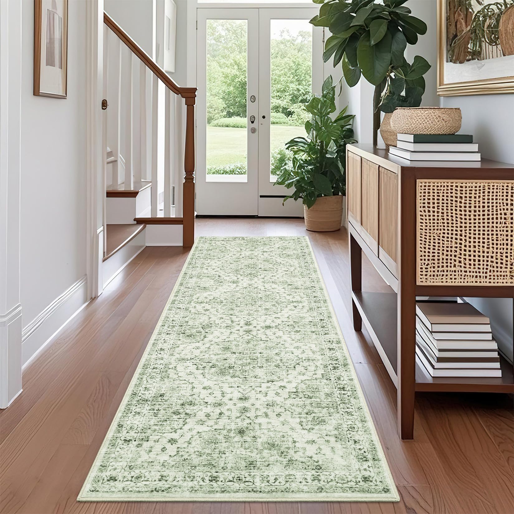 Garvee Vintage Floral Runner Rug 2x6 Washable Retro Oriental Printed Carpet Low Pile Thin Entryway Rug Green