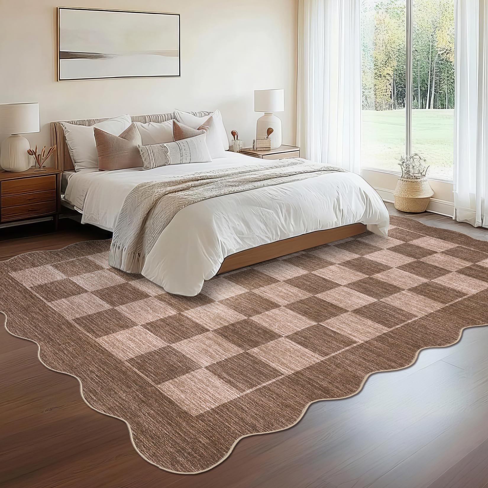 Garvee Bedroom Rugs 8x10 Washable Modern Checkered Rug Foldable Thin Non Slip Low Pile Carpet Mousse
