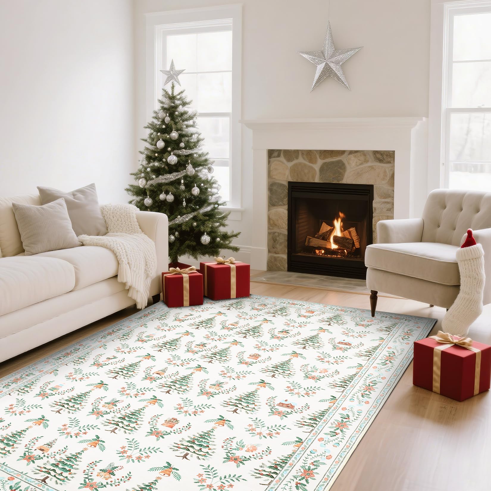 Garvee Christmas Tree Printed Floor Mat Indoor Machine Washable Soft Thin Area Rug 4x6ft Beige