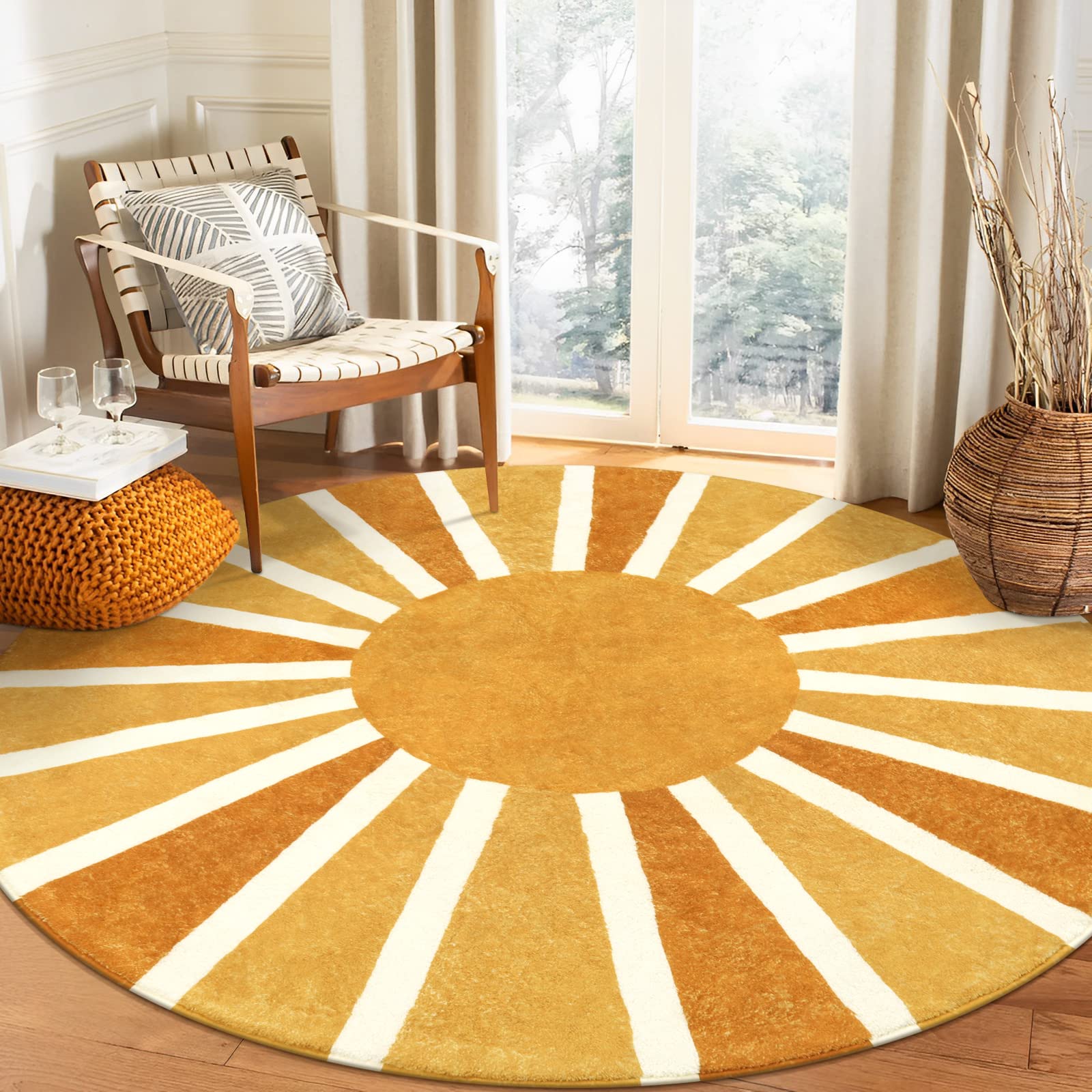 Lahome Sun Round Rug: 3ft Washable & Non-Slip Distressed Boho Rainbow Sun Print for Nursery, Bedroom, Bathroom, Living Room, Entryway & Accent Sofa Ra