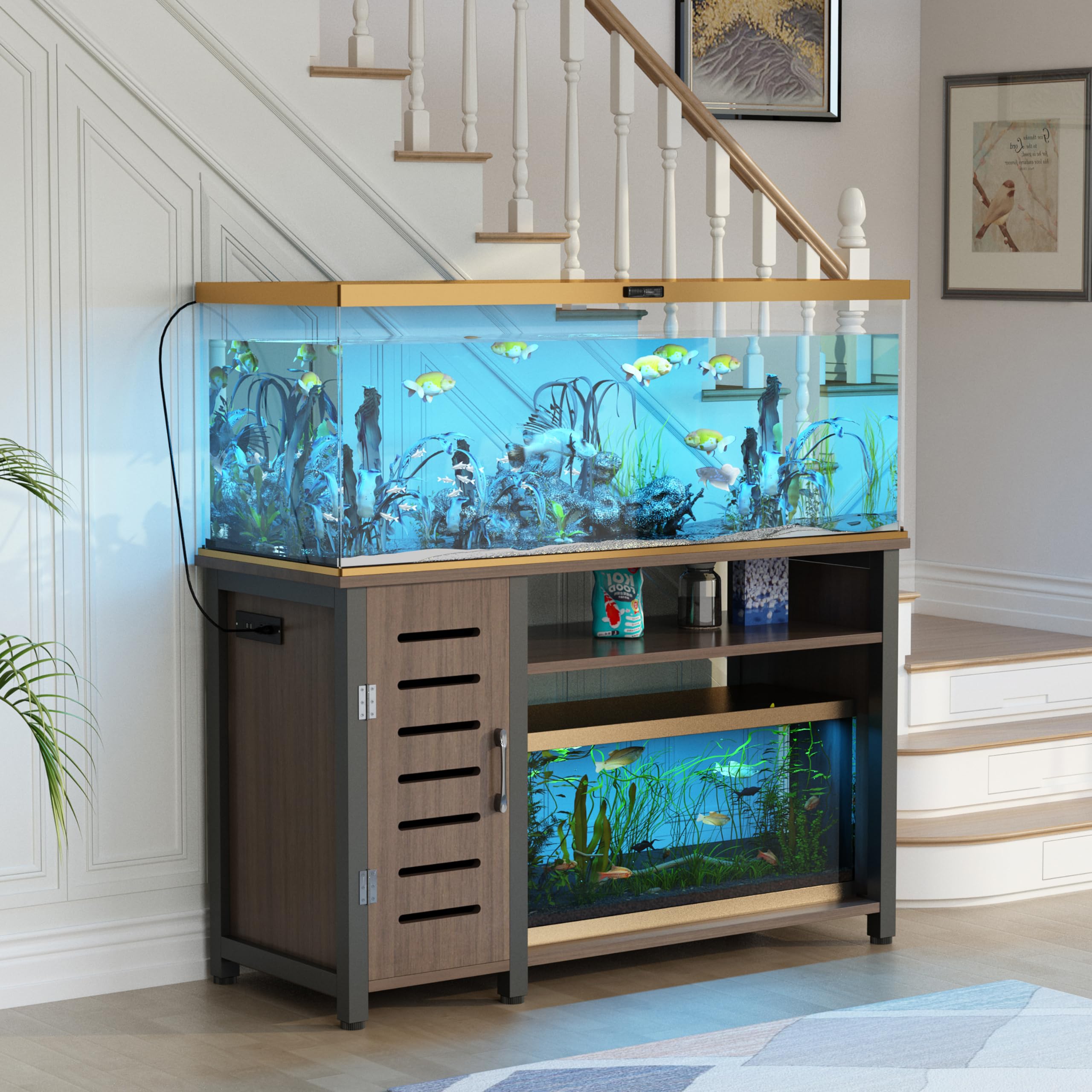 Garvee 55-75 Gallon Fish Tank Stand with Power Outlets, Heavy Duty Metal Aquarium Stand with Cabinet for Fish Tank Accessories Storage, Turtle-Reptile