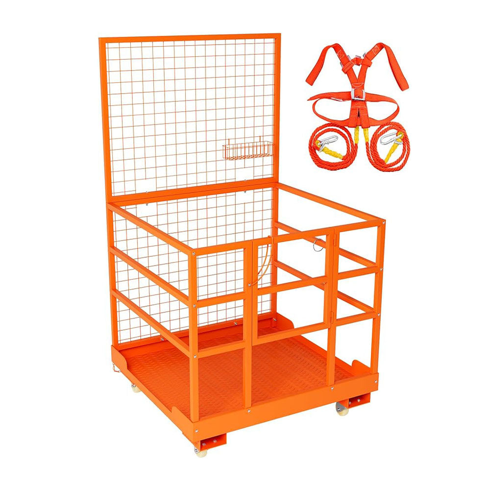 Garvee 43x45 Inch Forklift Safety Cage, 1800LBS Capacity Forklift Man Basket Work Platform with Guardrail and Safety Lock for 1-3 People, 2 Wheels wit