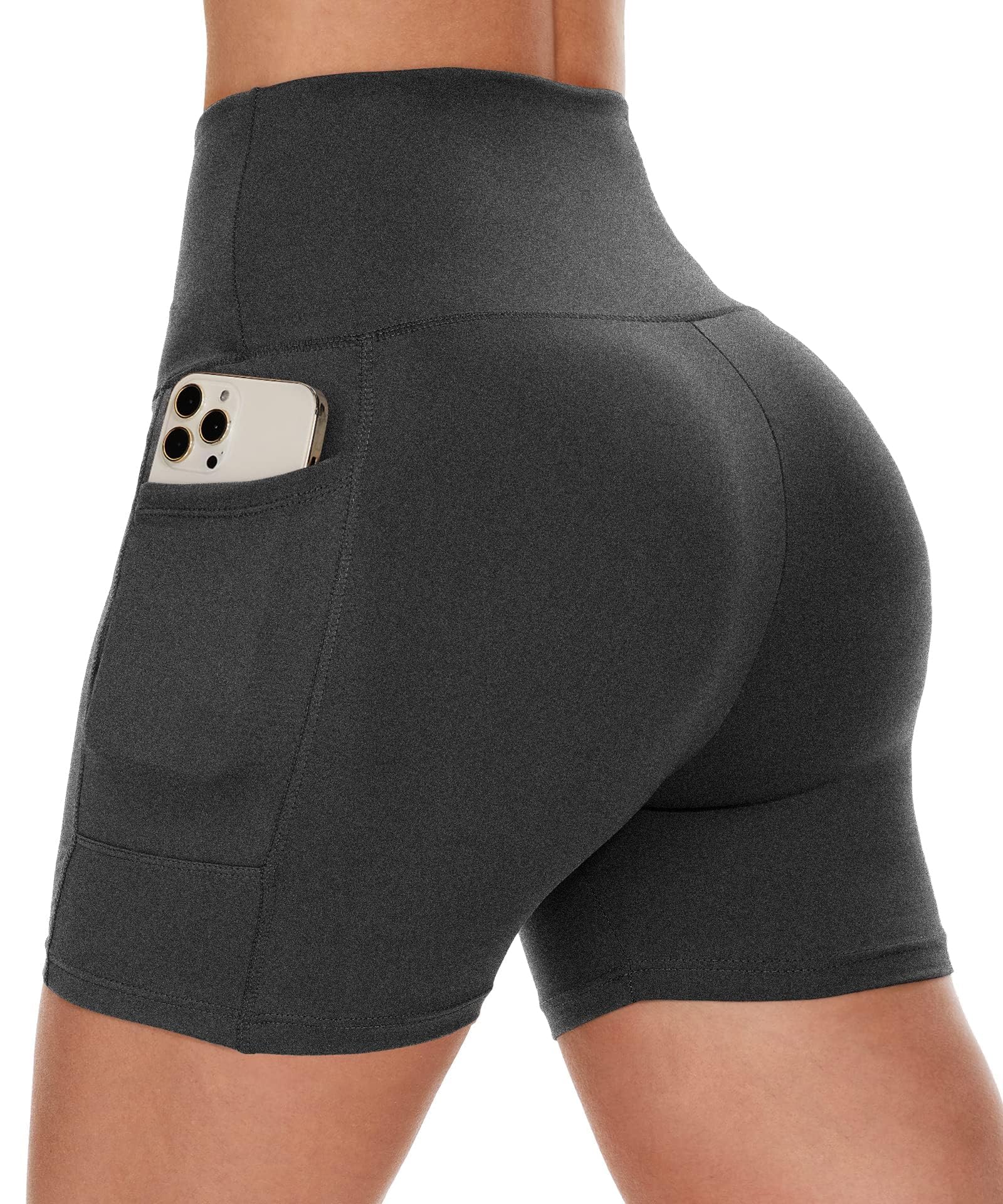 CAMPSNAIL Biker Shorts Women with Pockets - 3"-5"-8" High Waisted Workout Spandex Tummy Control Gym Running Yoga Shorts 5 IN XX-Large Dark Grey-heathe