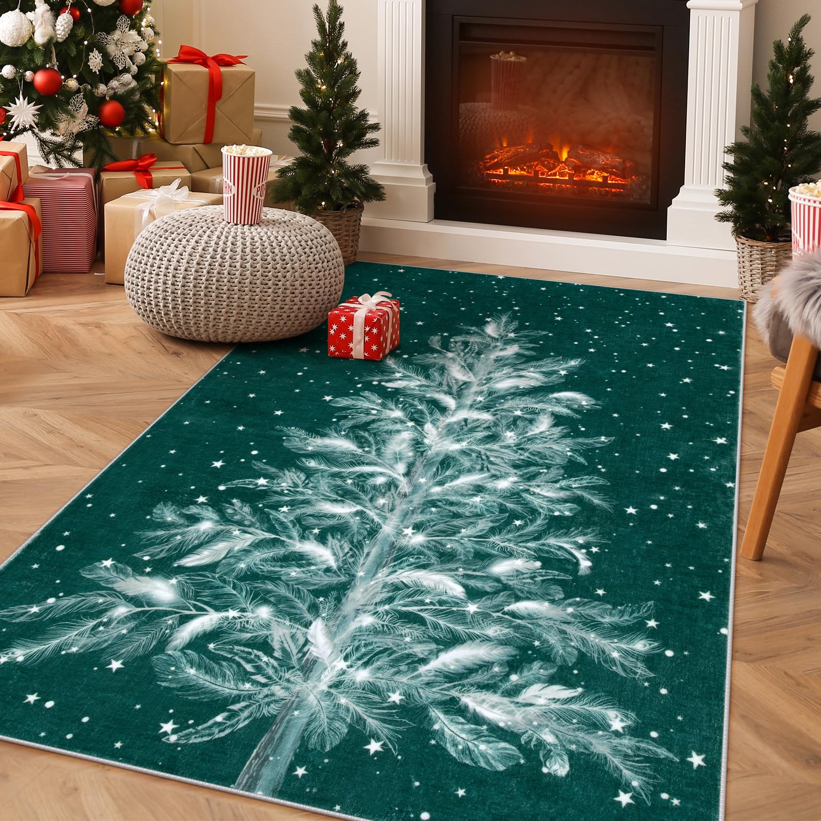 Lahome Christmas Area Rug 3x5 Rug Washable Soft Bedroom Rug, Stain Resistant Green Christmas Rug Non-Slip Living Room Rugs, Christmas Tree Print Holid