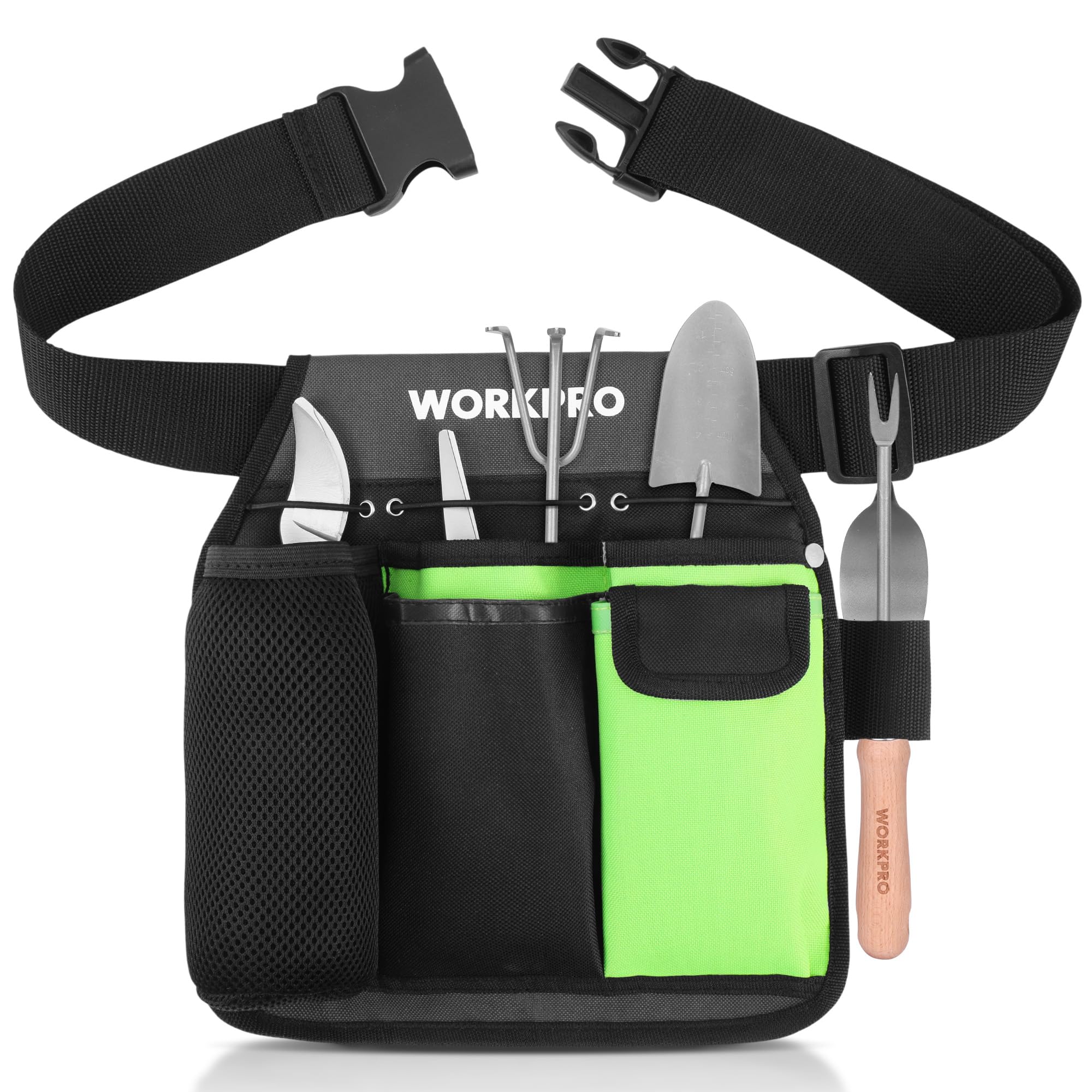 WORKPRO Garden Tool Belt, 5-Pocket Single Side Gardening Tool Pouch with Adjustable Waist Strap, Utility Garden Waist Bag for Women, Ideal for Gardeni