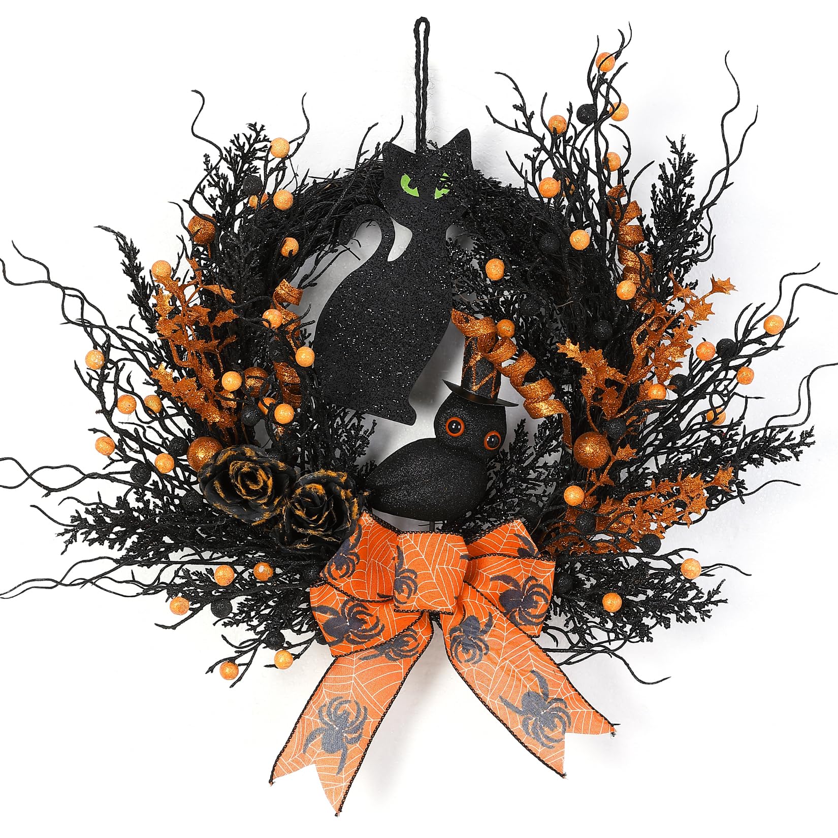 Garvee 22 Inch Halloween Fall Wreath for Front Door, Black Halloween Door Wreath with Owl, Black Cat, Artificial Rose, Window Wall Decor Cute Wreath I