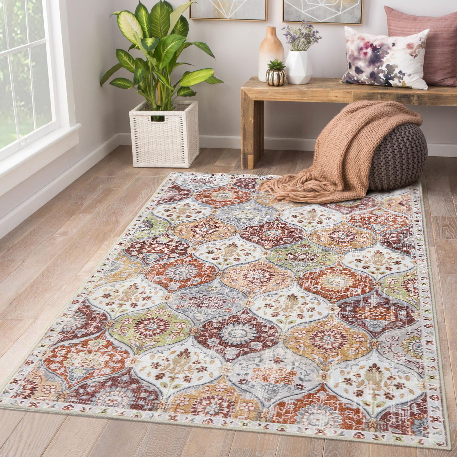 Lahome Moroccan Trellis Washable Small Area Rug, 3x5 Black Rug for Bedroom Living Room, Non-Slip Oriental Accent Throw Carpet for Kitchen Office Entry
