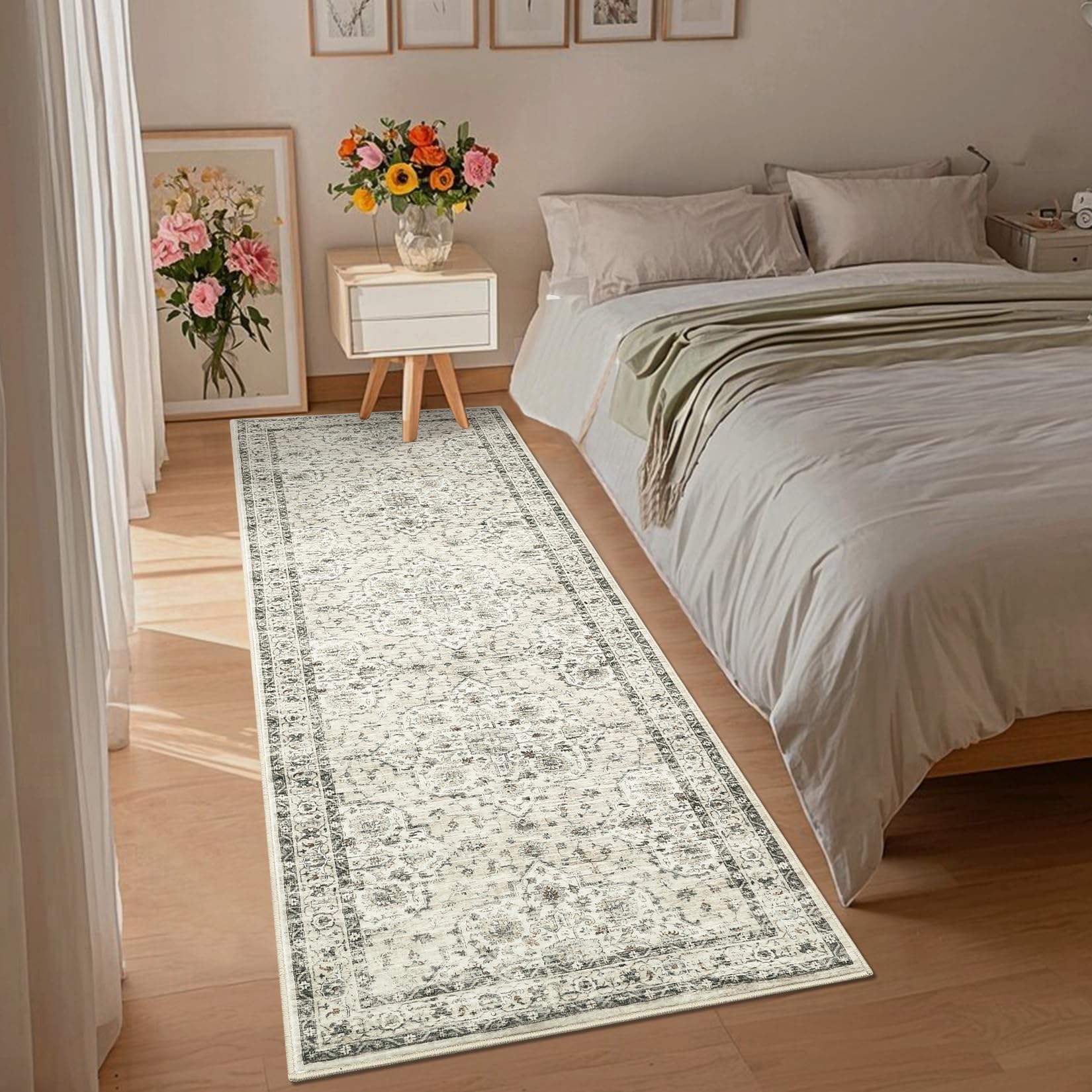 Garvee Vintage Floral Runner Rug 2x6 Washable Non-Shedding Low Pile Entryway Hallway Carpet Beige