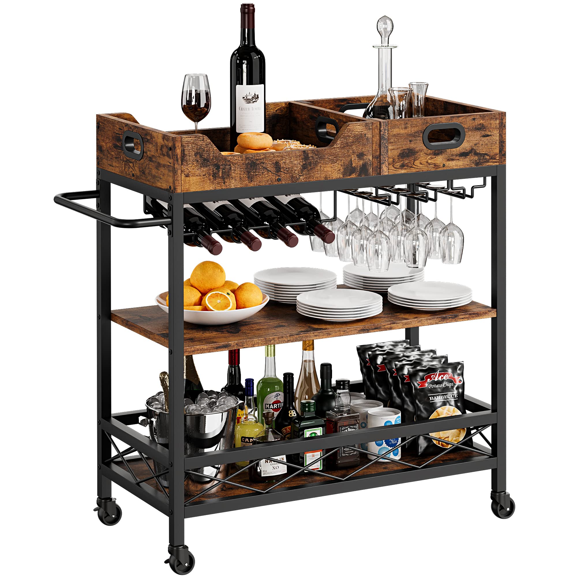 Garvee 3 Tier Rustic Bar Cart with Wheels, Wine Rack, Glasses Holder, Industrial Metal Frame, MDF Wood Veneer, for Kitchen, Dining, Living Room