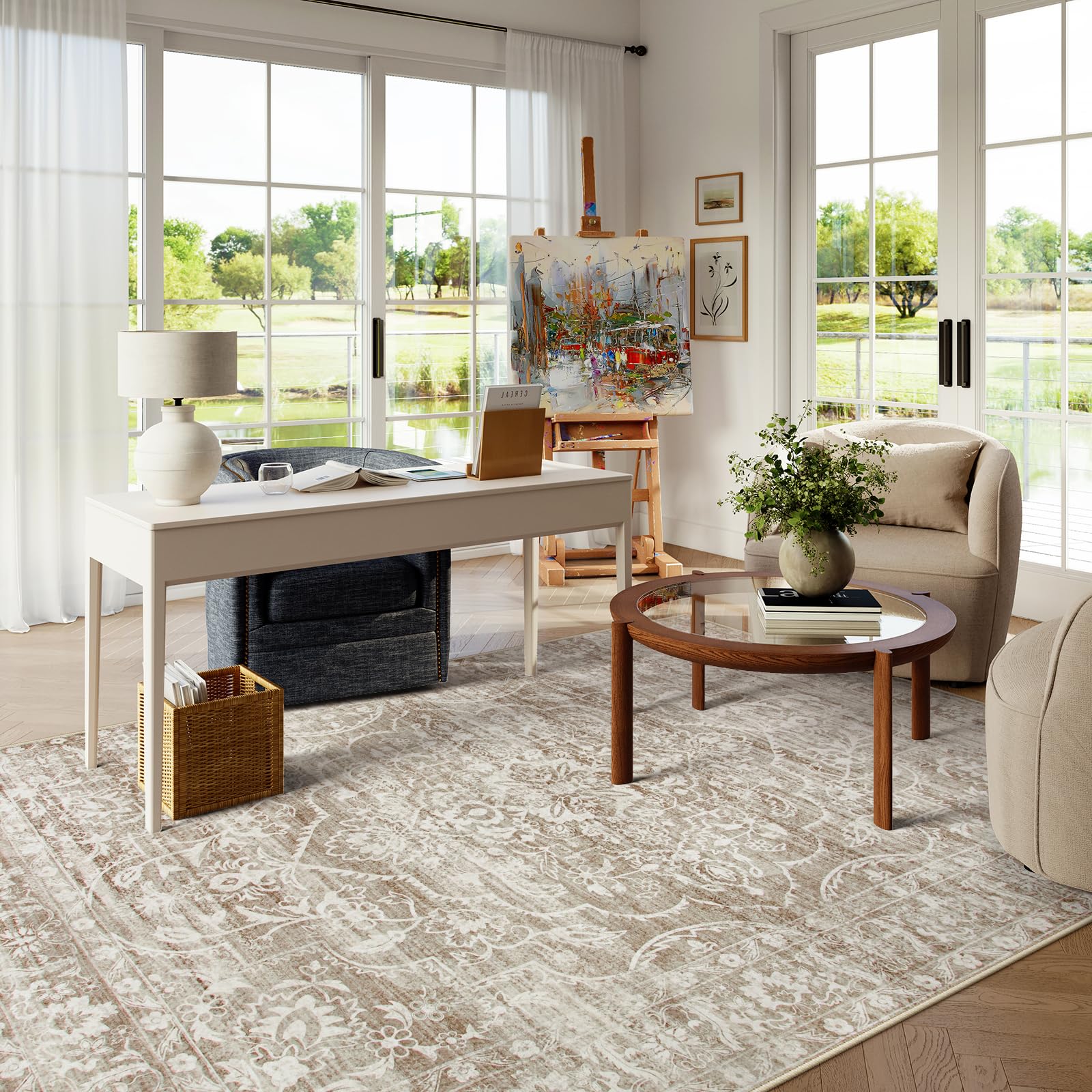 Lahome 4x6 Area Rug Living Room - Washable Office Rug Soft Dorm Rugs for Bedroom Non-Slip Ultra-Thin,Neutral Boho Print Farmhouse Indoor Rug for Entry