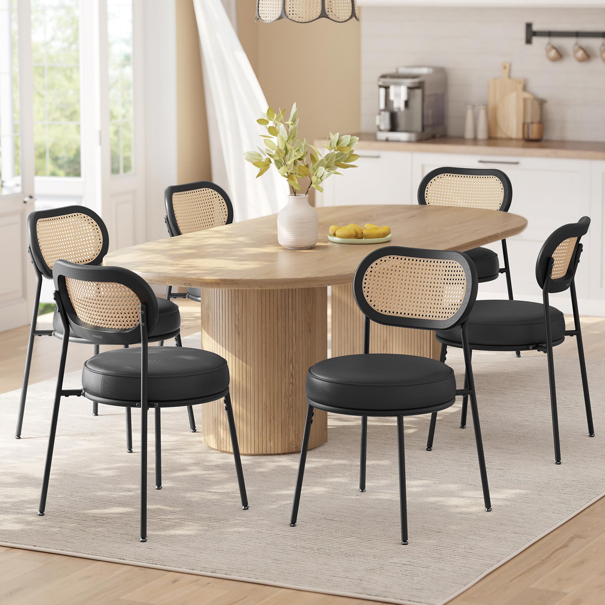 VASAGLE Dining Chairs, Set of 6 Accent Chair for Dining Room Kitchen, with Boho PE Rattan Back, Synthetic Leather Upholstery, Ink Black ULDC160B26 Ink