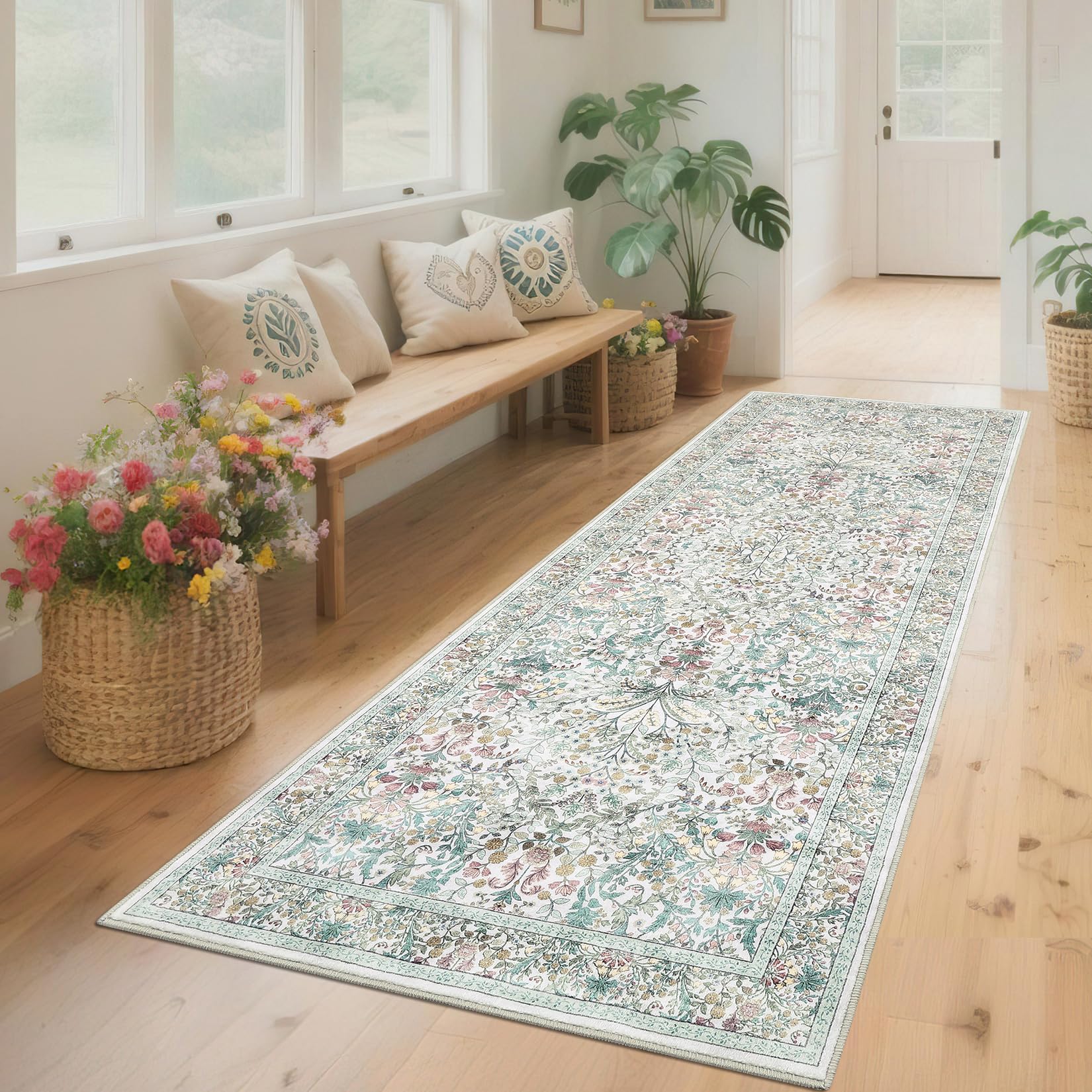 Garvee Washable 2x6 Runner Rug Floral Kitchen Non Slip Low-Pile Boho Carpet Beige for Hallway Nursery Office Dining Room Entryway