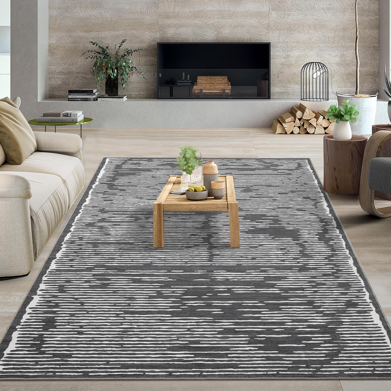 Garvee Rugs for Living Room 5x7 Washable Modern Stripe Carpet Non Slip Soft Rubber Backed Rug Black Gray