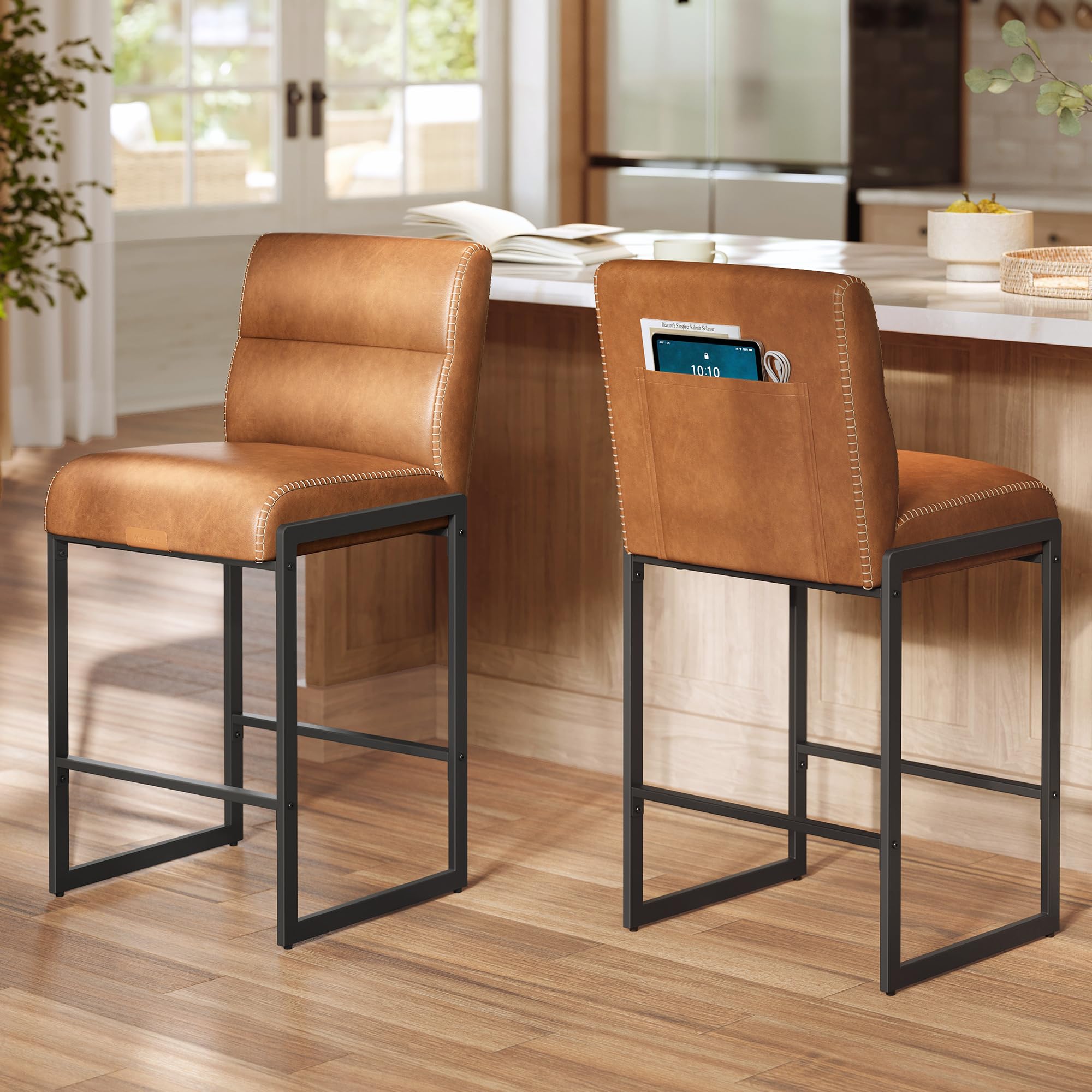 VASAGLE EKHO Collection - Bar Stools Set of 2, Counter Height Stools with Backs, 26.4-Inch Barstools Chairs, Synthetic Leather with Stitching, Mid-Cen