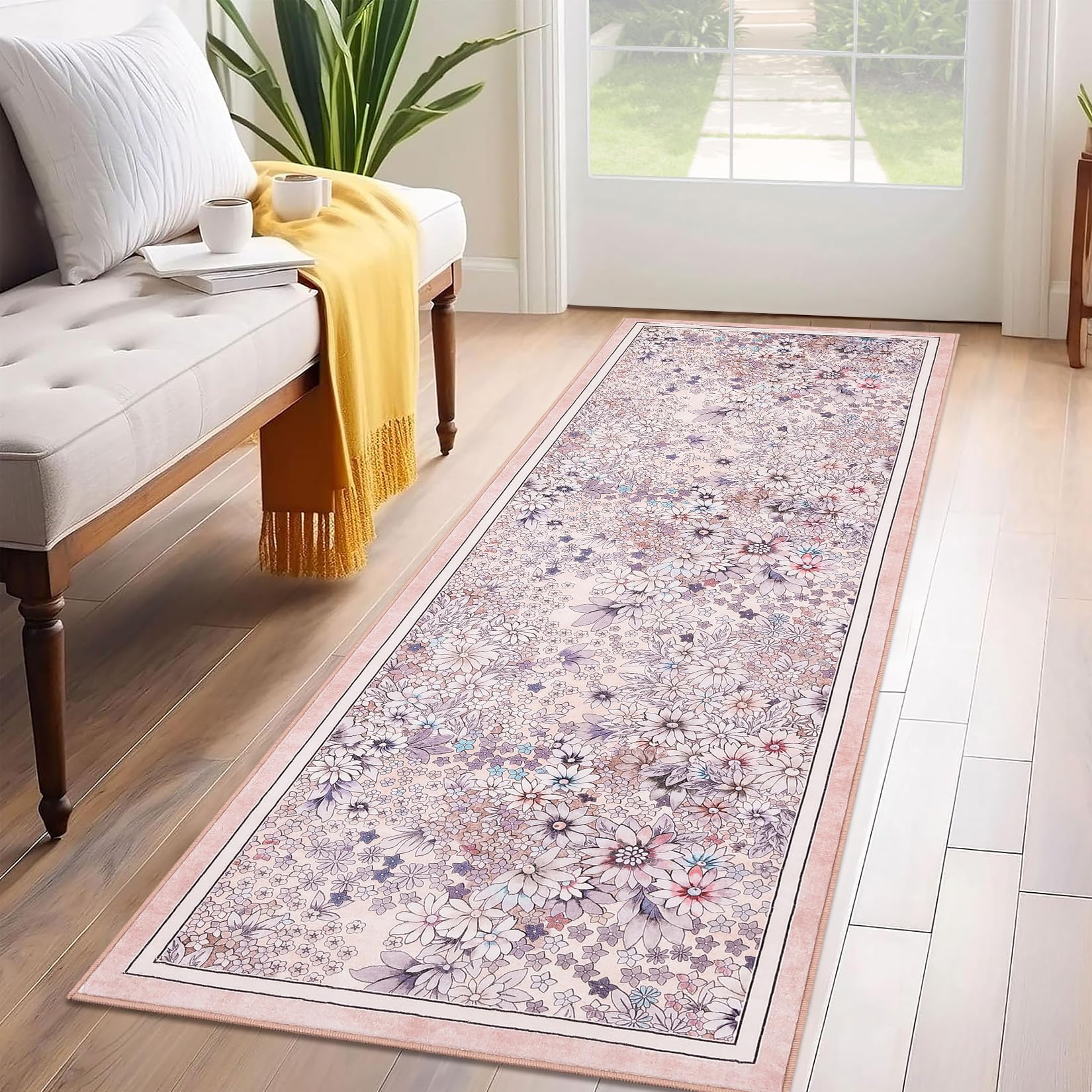 Garvee 2'x6' Runner Rug Non Slip Washable Soft Floral Carpet for Hallways Kitchen Light Pink