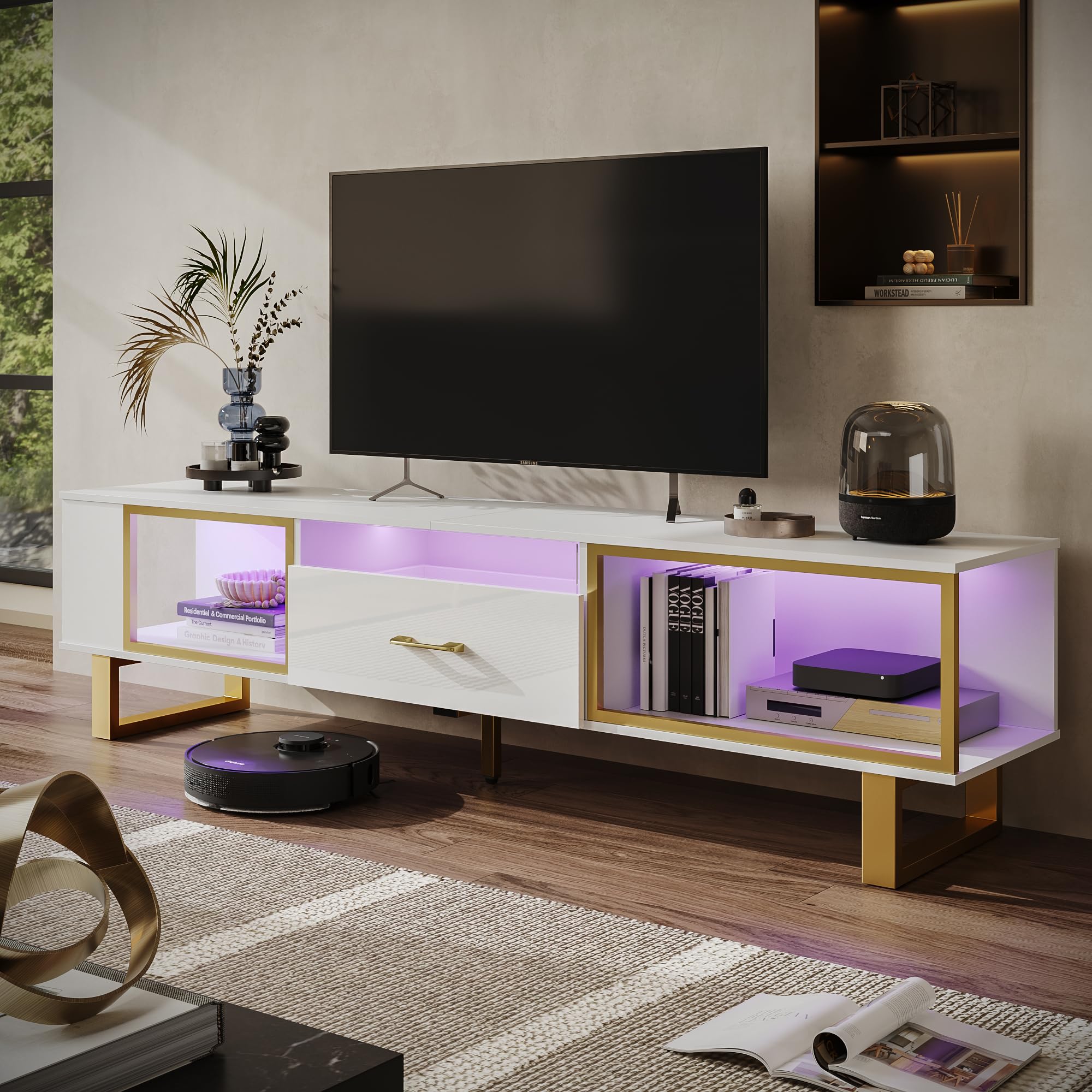 Bestier TV Stand for 65-75 Inch TV, Modern LED Entertainment Center with Open Storage and Drawer, High Gloss Media Console Table for Living Room Bedro