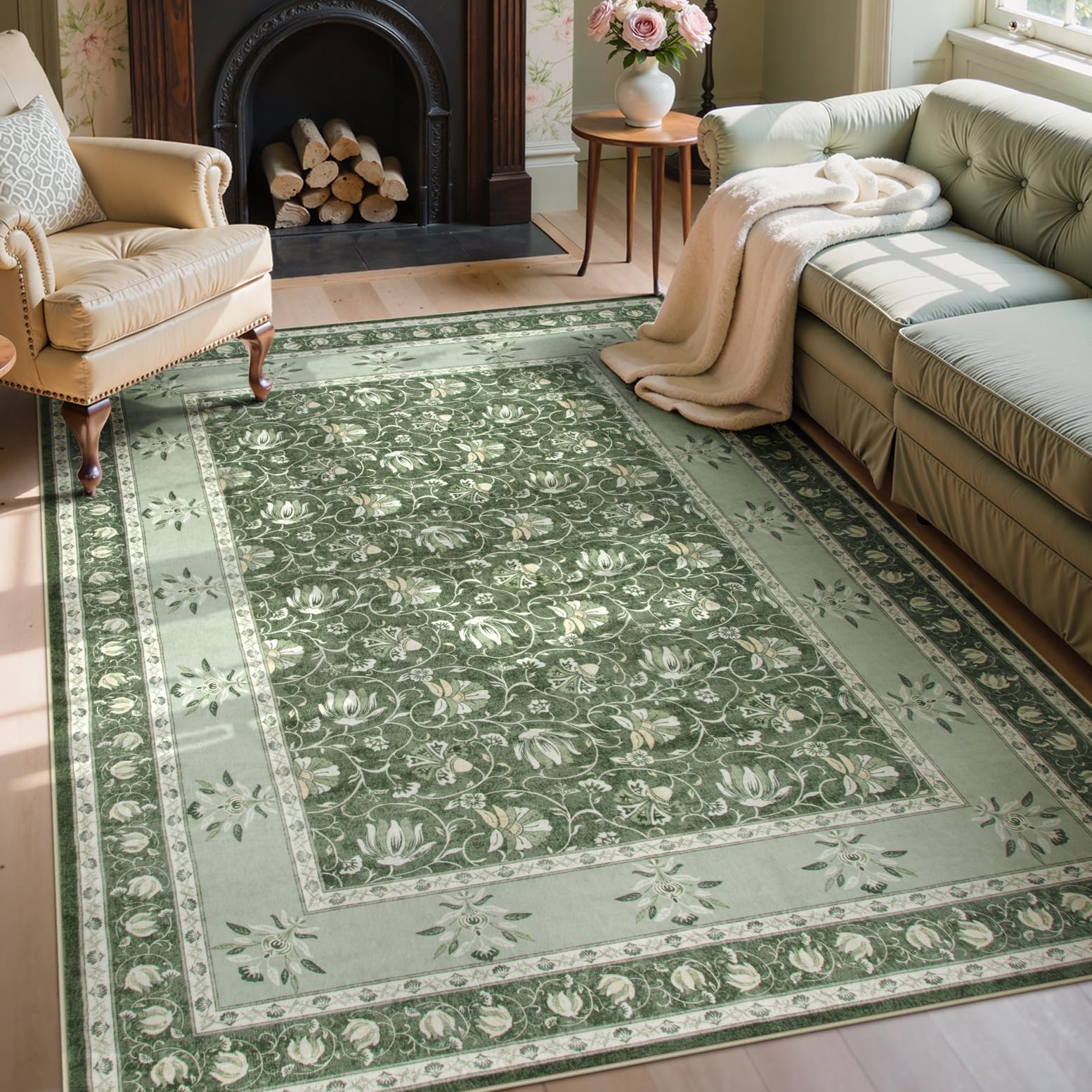 Lahome Floral Green Rugs for Bedroom, Non Slip Washable Rugs 5x7 Rug for Living Room, Stain Resistant Vintage Floral Rug for Dining Room Office (5'x7'