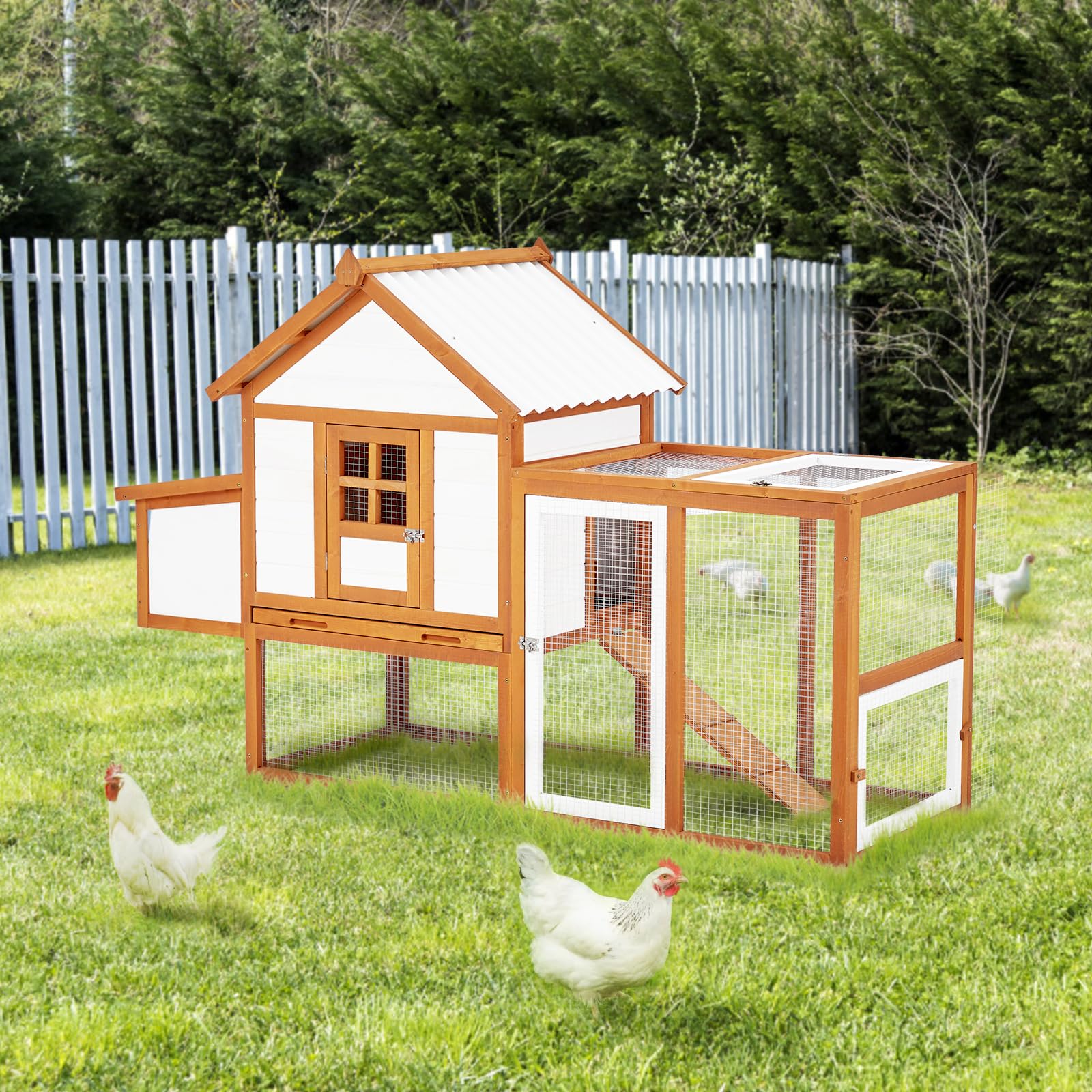 Garvee Outdoor Chicken Coop Wooden Hen House with Run, Poultry Cage w-Ramps, Nesting Box, 4 Access Areas, Wire Fence, Removable Bottom for Easy Cleani