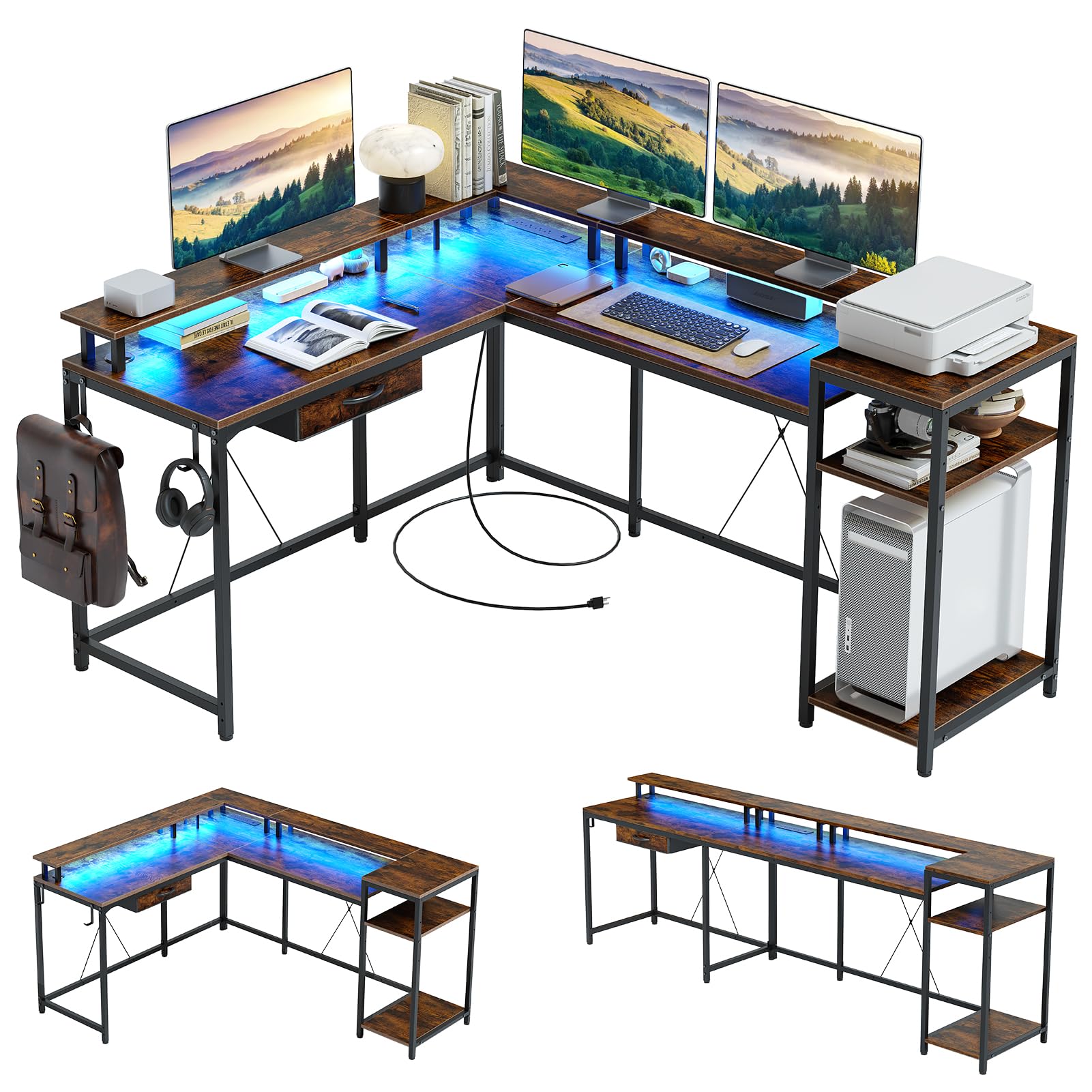 Garvee 68" L Shaped Gaming Desk with Power Outlets & LED Lights, Reversible Home Office Desk with File Drawer, Monitor Shelf, and Hook, Rustic Brown