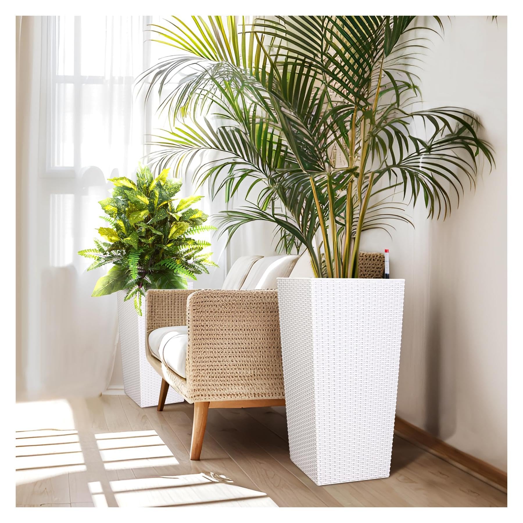 Garvee Automatic Watering Tall Planters Set of 2, Weather-Resistant, Water Level Monitor, Built-in Drainage, Ideal for Home Decoration, Rattan Look De