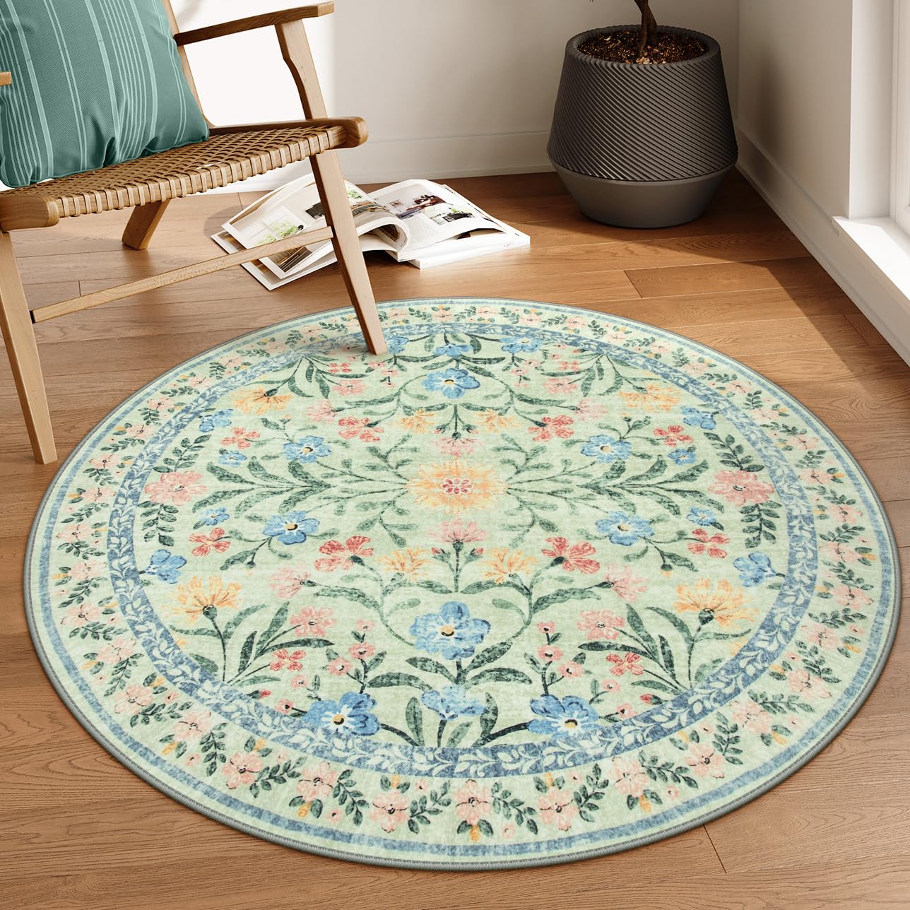 Lahome Green Small Round Rug for Bedroom 4ft, Boho Washable Kids Bathroom Circle Rug, Sage Nursery Circular Carpet Girl, Soft Non-Slip Carpet for Kids