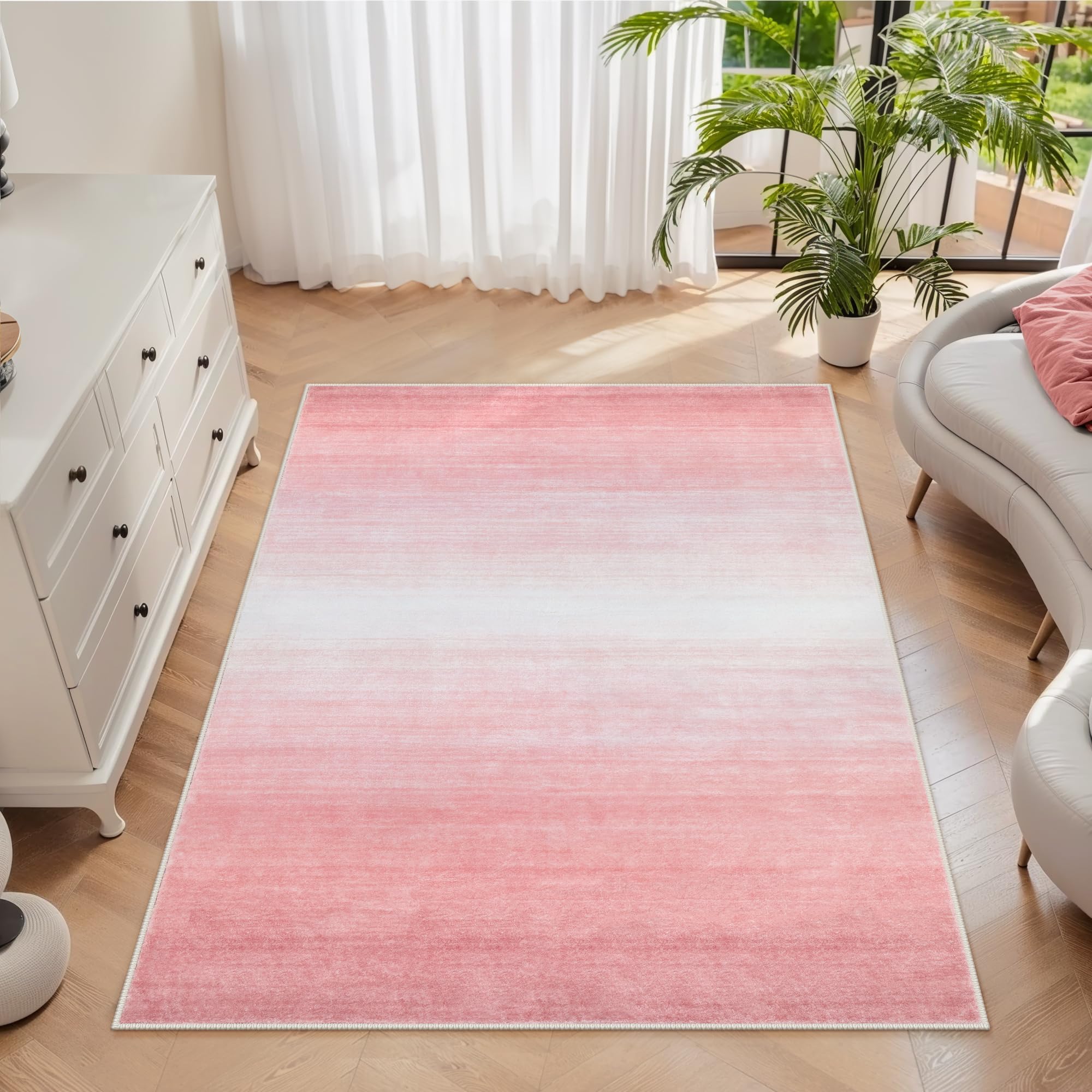 Lahome Modern Pink Rug for Living Room, 5x7 Area Rugs Ultra-Thin Soft Machine Washable Bedroom Rug Gradient Non Slip Accent Carpet for Dining Room Pla