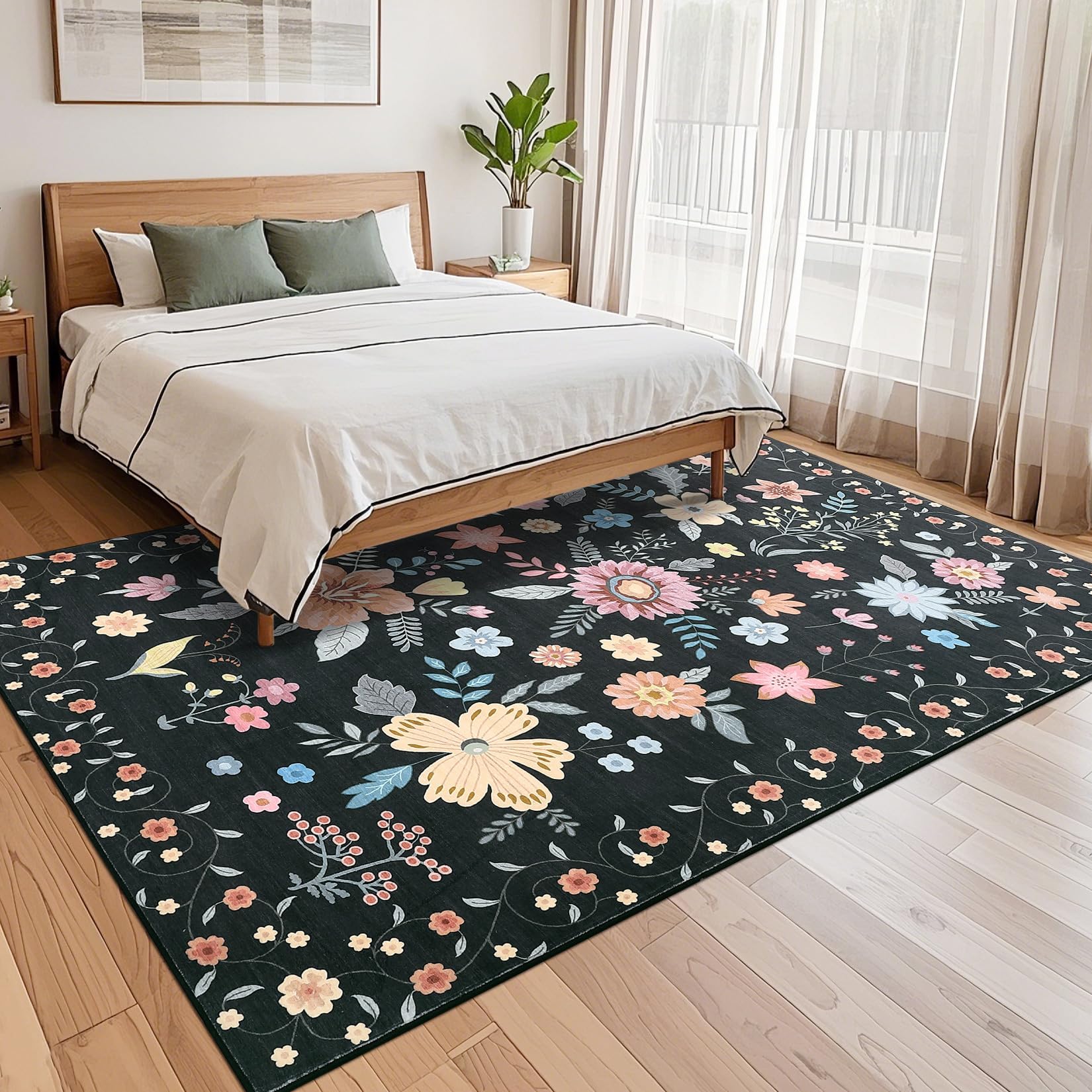 Garvee Floral 8x10 Large Area Rugs for Living Room, Ultra-Thin Soft Boho Flower Carpet Rug Non Slip Black