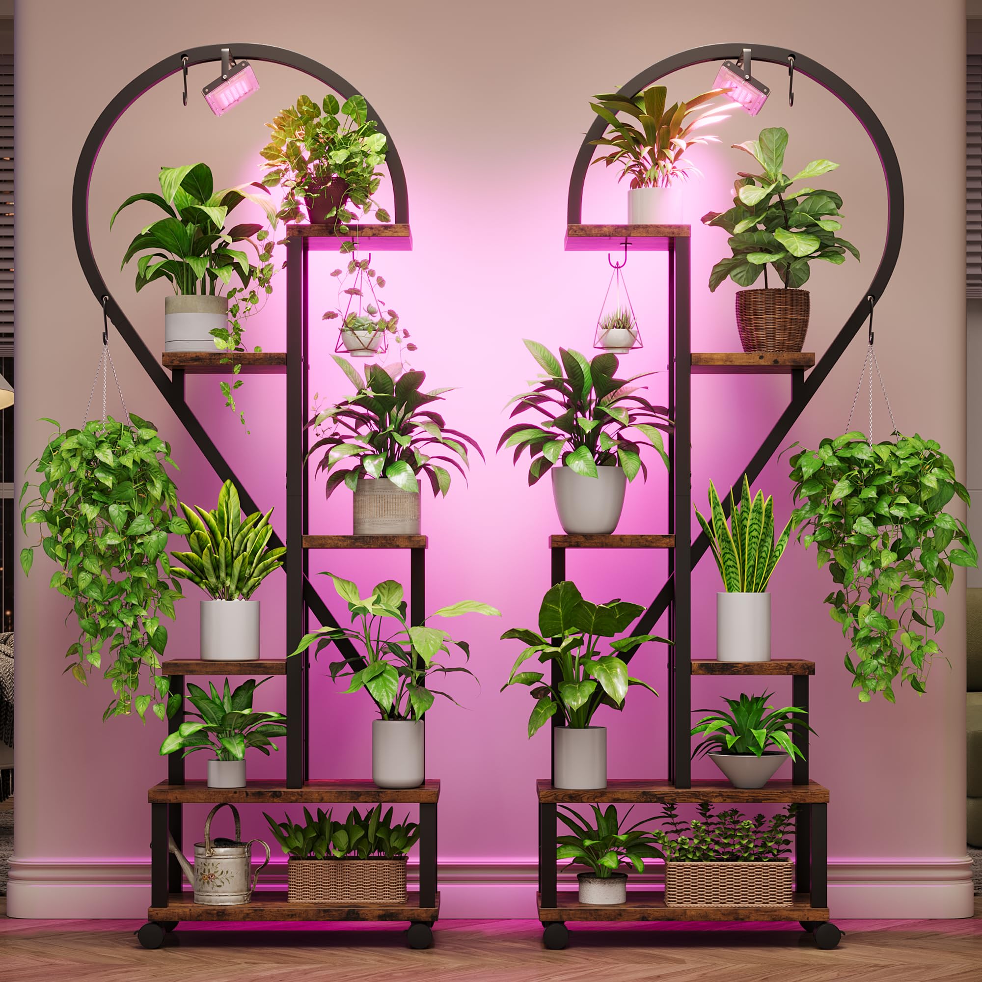 Bestier Plant Stand Indoor with Grow Lights, 6 Tiered Metal Plant Shelf for Indoor Plants Multiple, Half Heart Shape Plant Rack with Wheels, Large Bro