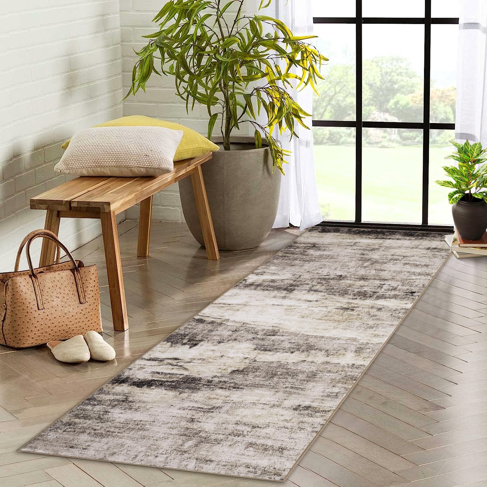 Garvee Abstract Area Rug 2x6 Brown Machine Washable Runner Rug Non Slip Low Pile Carpet for Kitchen Bedroom Home