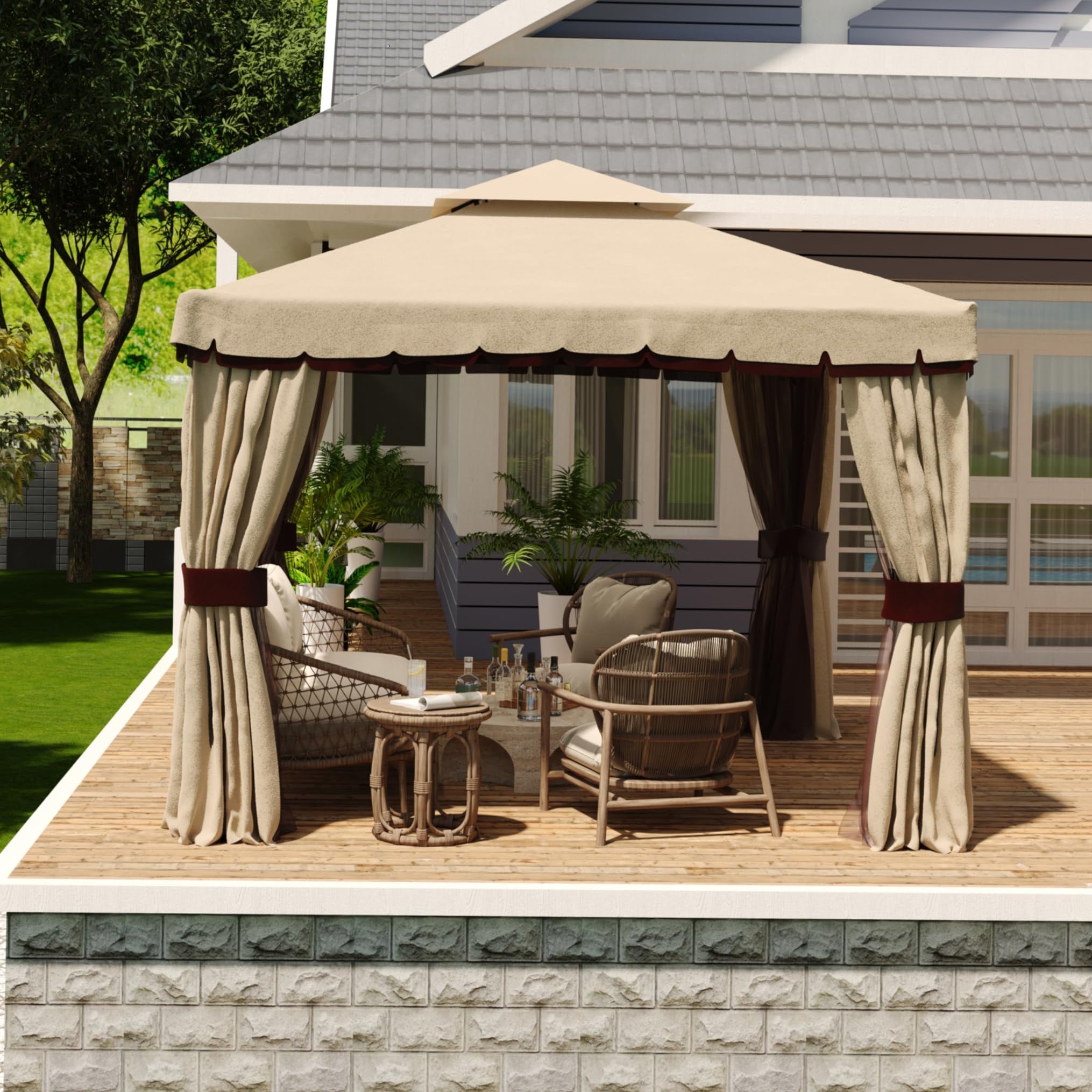 Garvee 13'x13' Outdoor Gazebo with Netting and Curtains Garden Pavilion for Patio Backyard Lawn Khaki
