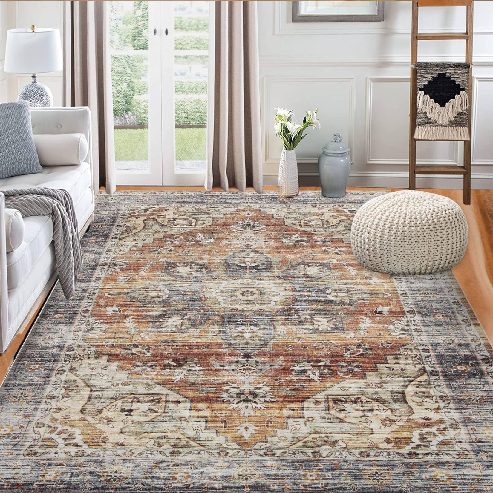 Garvee Area Rug 5 x 7 Floral Vintage Rug Medallion Cottagecore Rug Machine Washable Rug for Bedroom Living Room Nursery Kids Playroom Floral Floor Mat