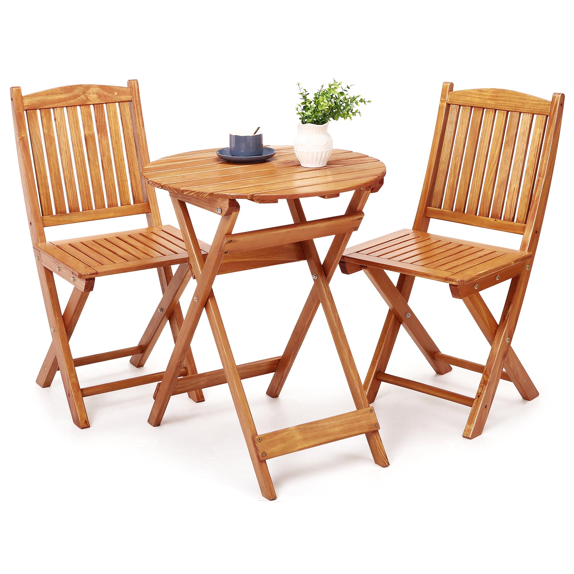 Garvee Outdoor Folding Table and Chairs, Casual Bistro Table and Chairs Set of 2 for Condominium Pool Front Porch Beach, Wood