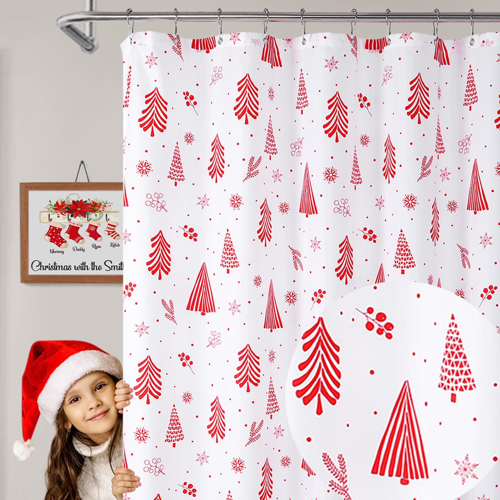 Garvee Christmas Shower Curtain, Floral Shower Curtains for Bathroom, Christmas Decorations Fabric Curtains, Water Resistant, Machine Washable (White,