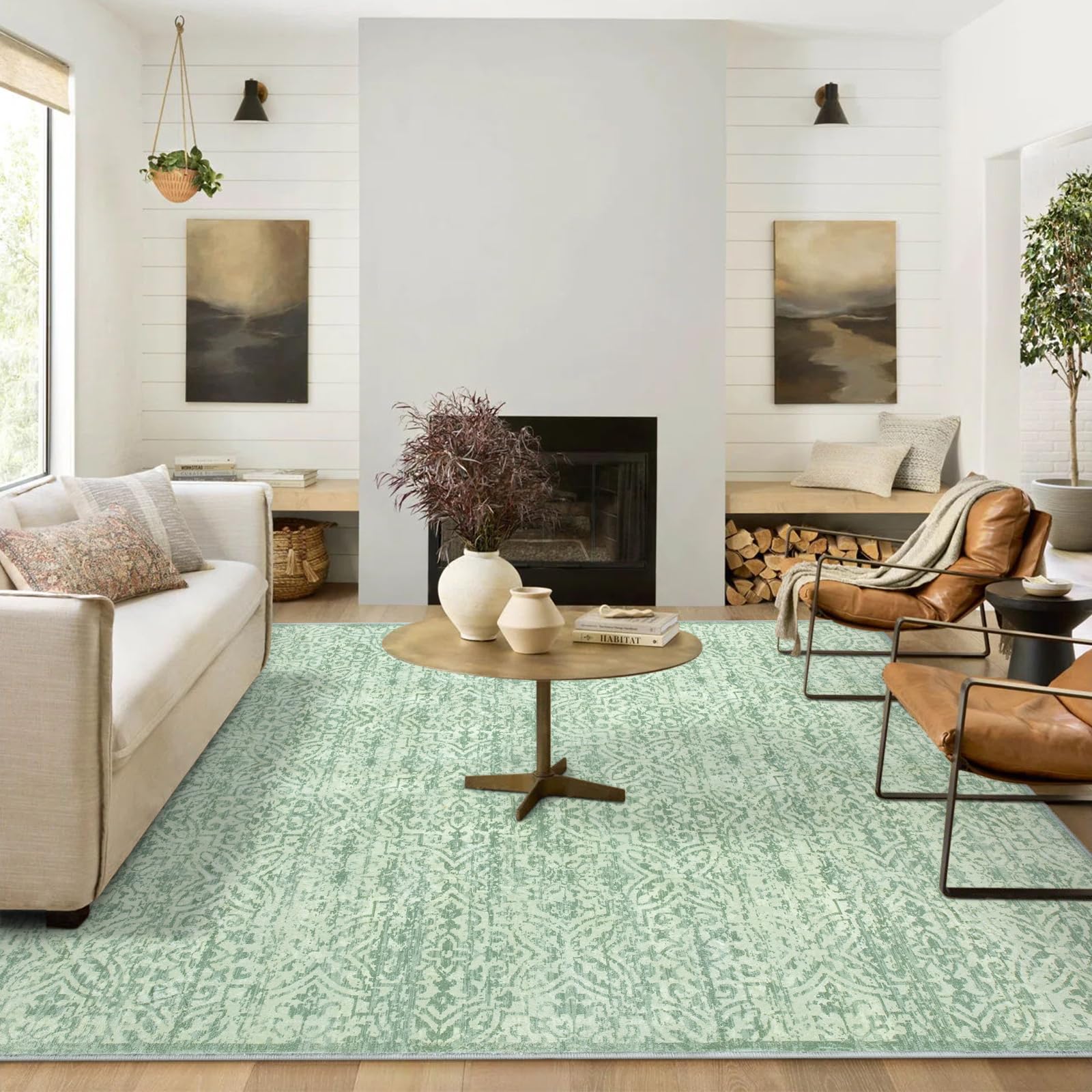 Lahome 8x10 Sage Green Area Rug, Soft Washable Area Rug Non-Shedding, Non Slip Green Rug Floral Distressed Boho Carpet for Bedroom, Living Room, Dinin