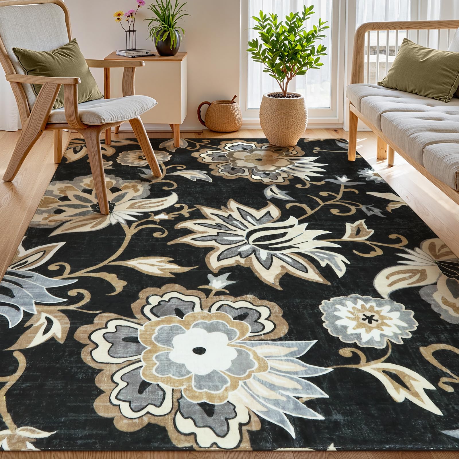 Lahome Floral Black Washable Area Rug 4x6, Non-Slip Ultra-Thin Soft Accent Stain Resistant Indoor Area Rug, Paisley Print Carpet for Bedroom, Living R