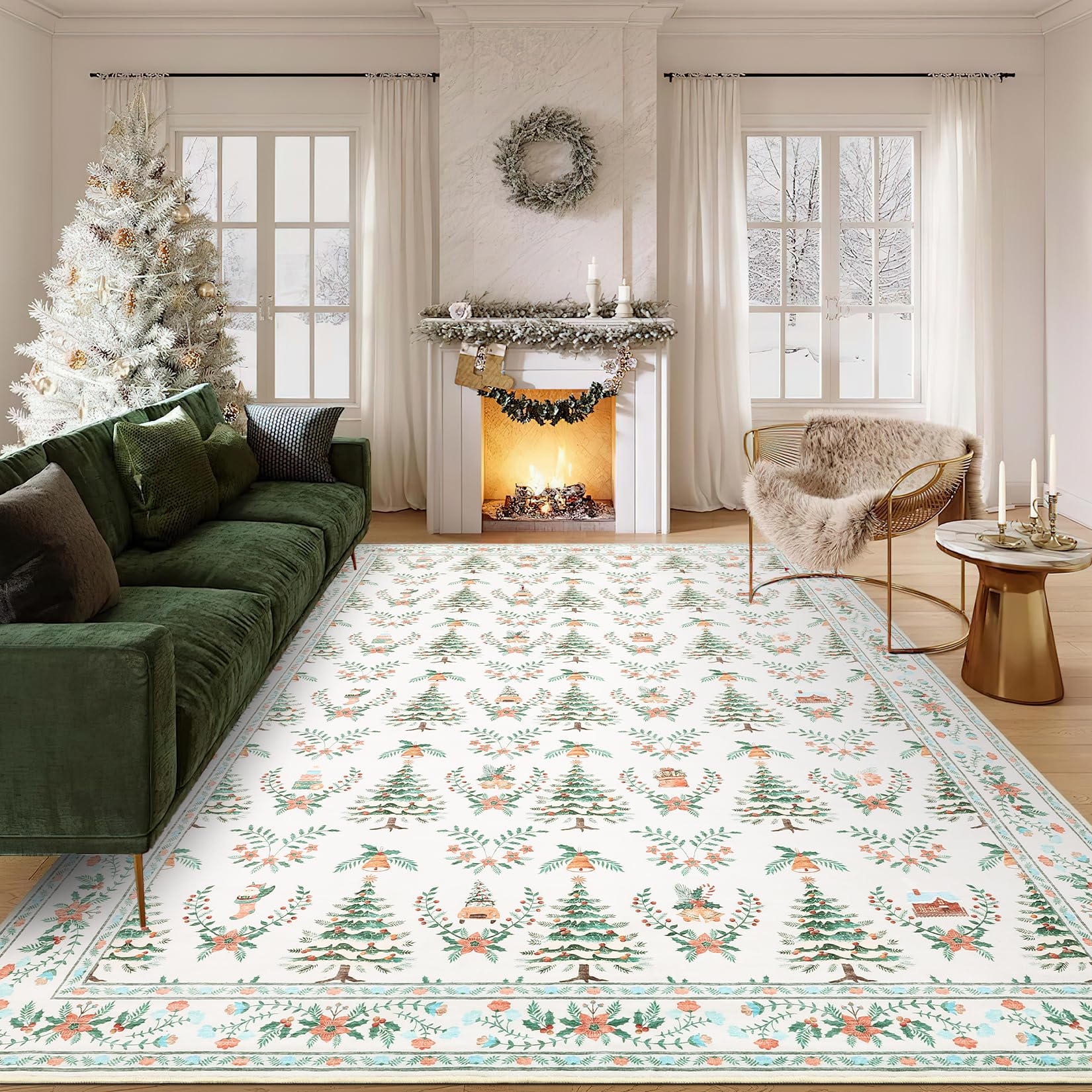 Garvee Christmas Tree Printed Floor Mat Beige 9x12ft Indoor Non Slip Machine Washable Rug for Living Room Bathroom Bedroom