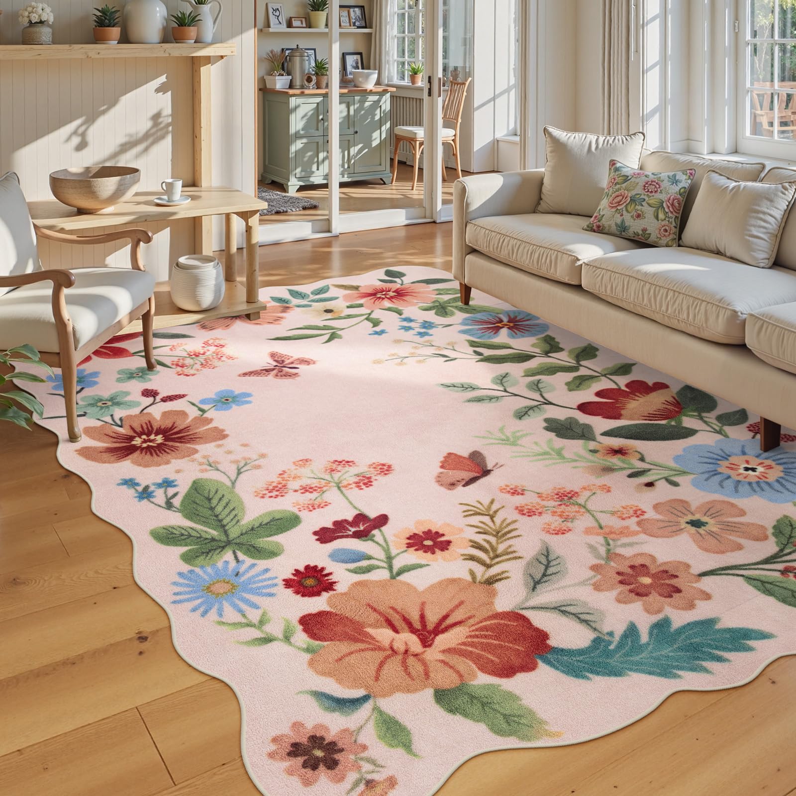 Lahome Floral Living Room Rugs, Pink Area Rugs 5x7 Rug for Bedroom Ultra-Thin Soft Non-Slip Washable Rugs Stain Resistant Throw Boho Carpet for ‎‎