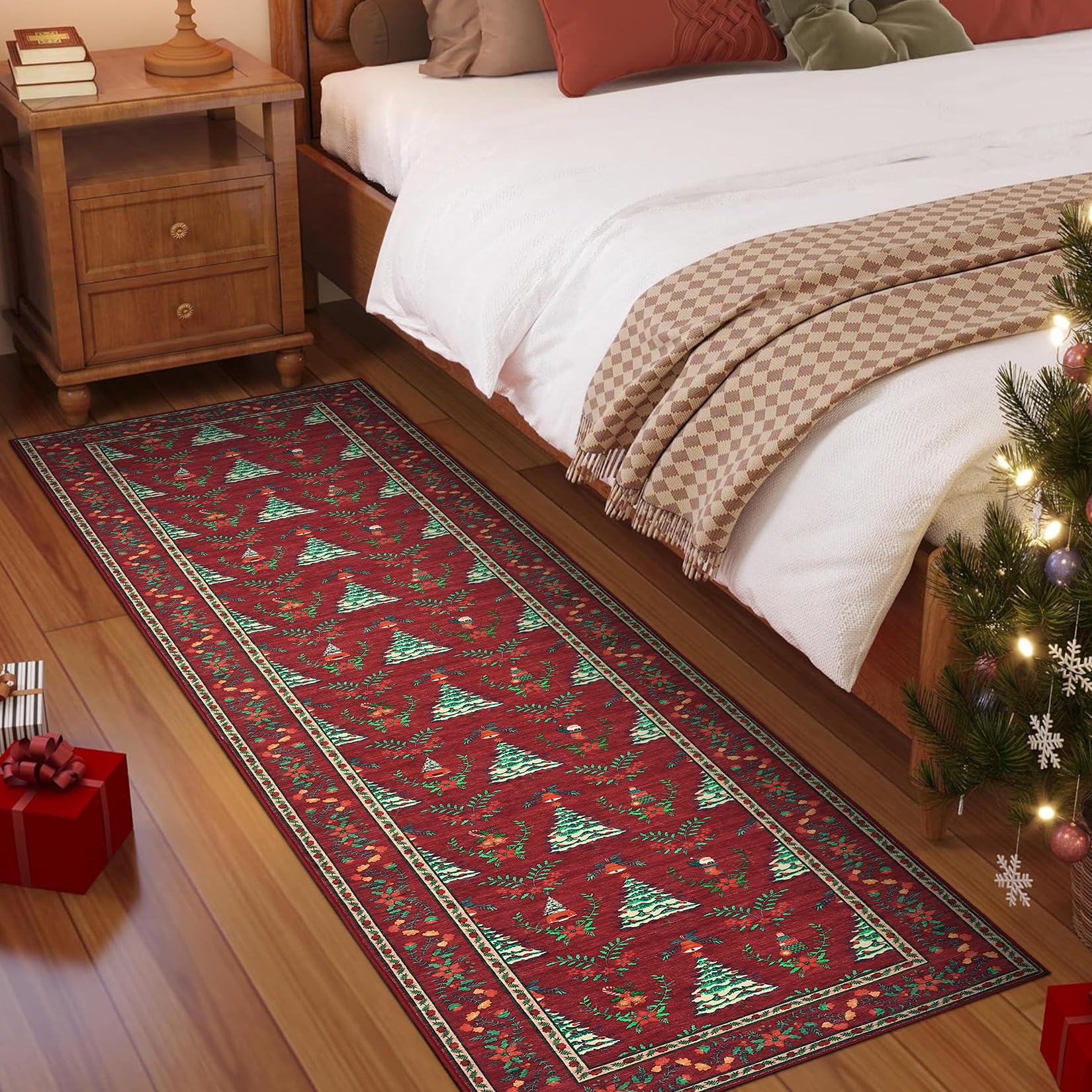 Garvee Red Christmas Tree Printed Floor Mat Indoor Machine Washable Soft Thin Area Rug 2x8ft
