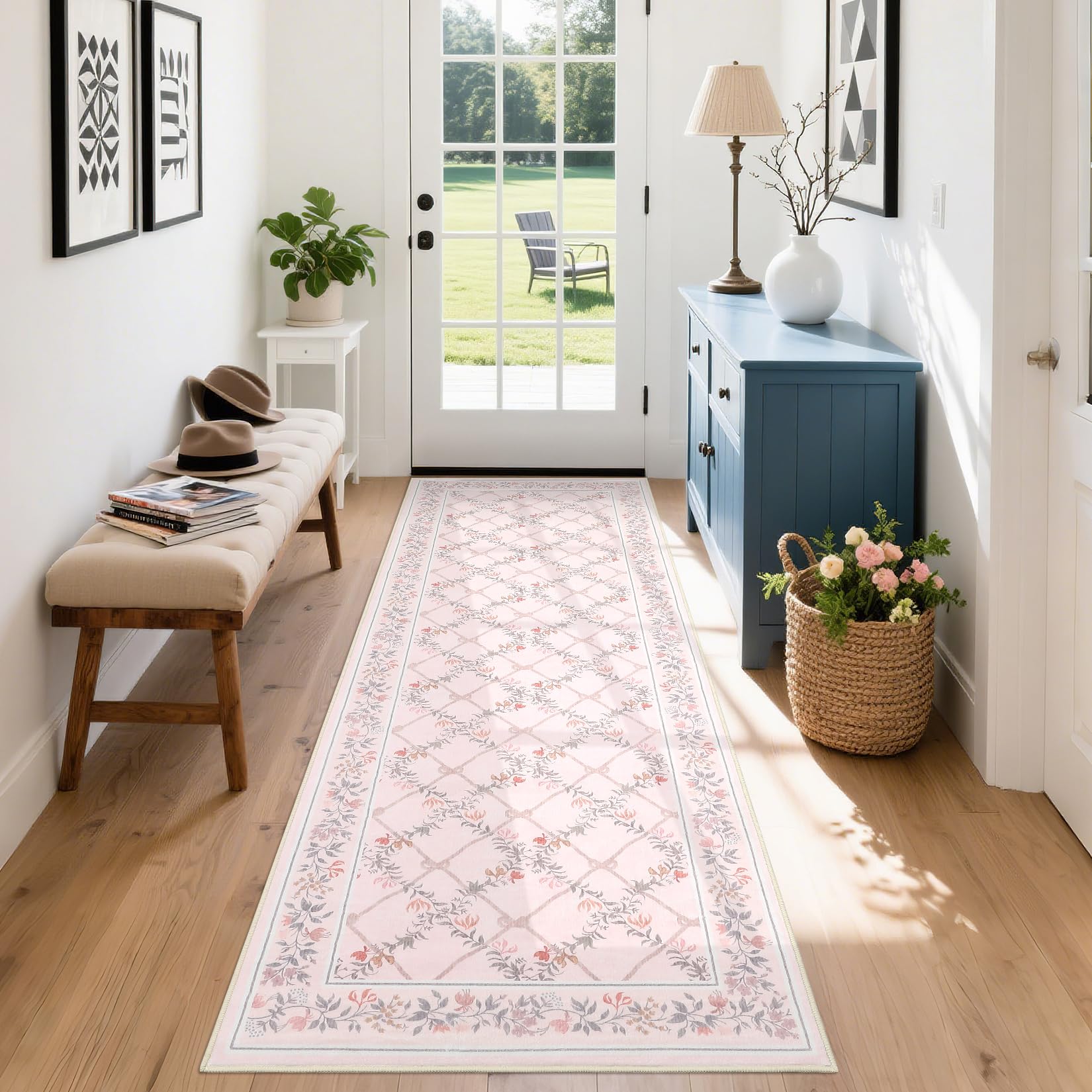 Garvee 2x6 Kitchen Rug Runner Pink Modern Boho Floral Washable Non-Slip Soft Ultra-Thin Carpet for Hallways Bathroom Bedroom Entryway