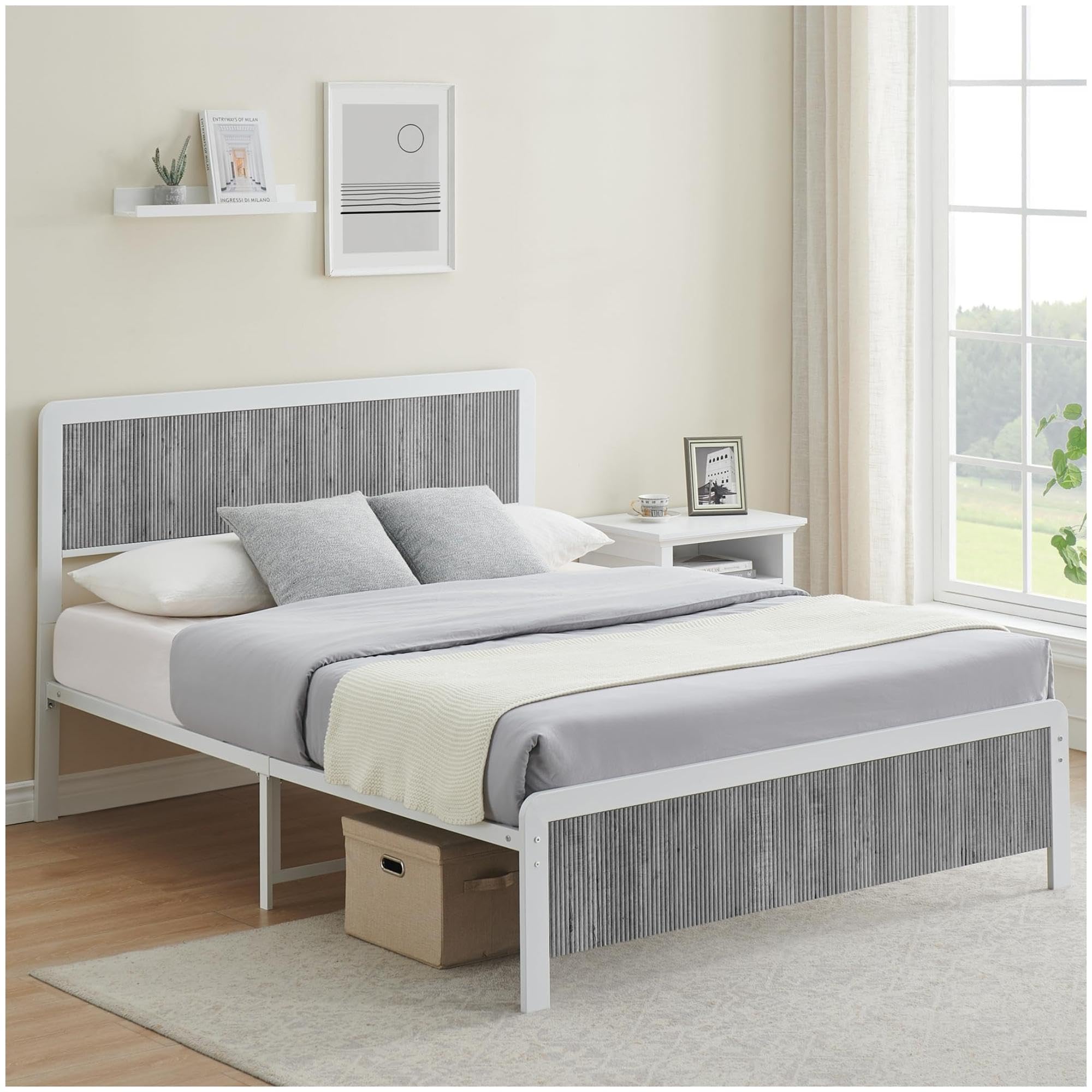 Garvee Full Size Bed Frame with Wave Wood Grain Headboard, 13.8" Under Bed Storage, Safe Rounded Corners, Steel Slat Support, No Box Spring Needed, Gr