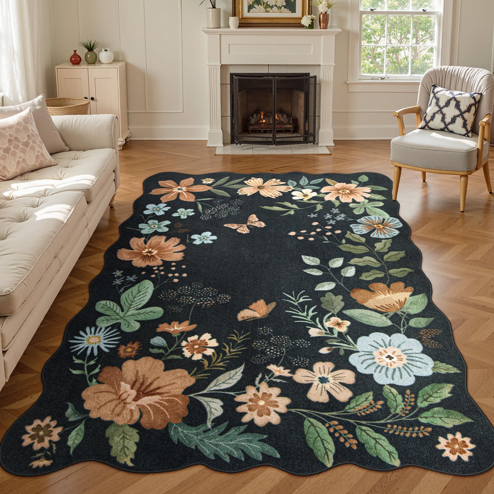 Lahome Floral Rugs for Living Room, 5x7 Area Rugs Ultra-Thin Soft Washable Rug, Non-Slip Bedroom Rug Stain Resistant Lightweight Boho Low-Pile Throw C