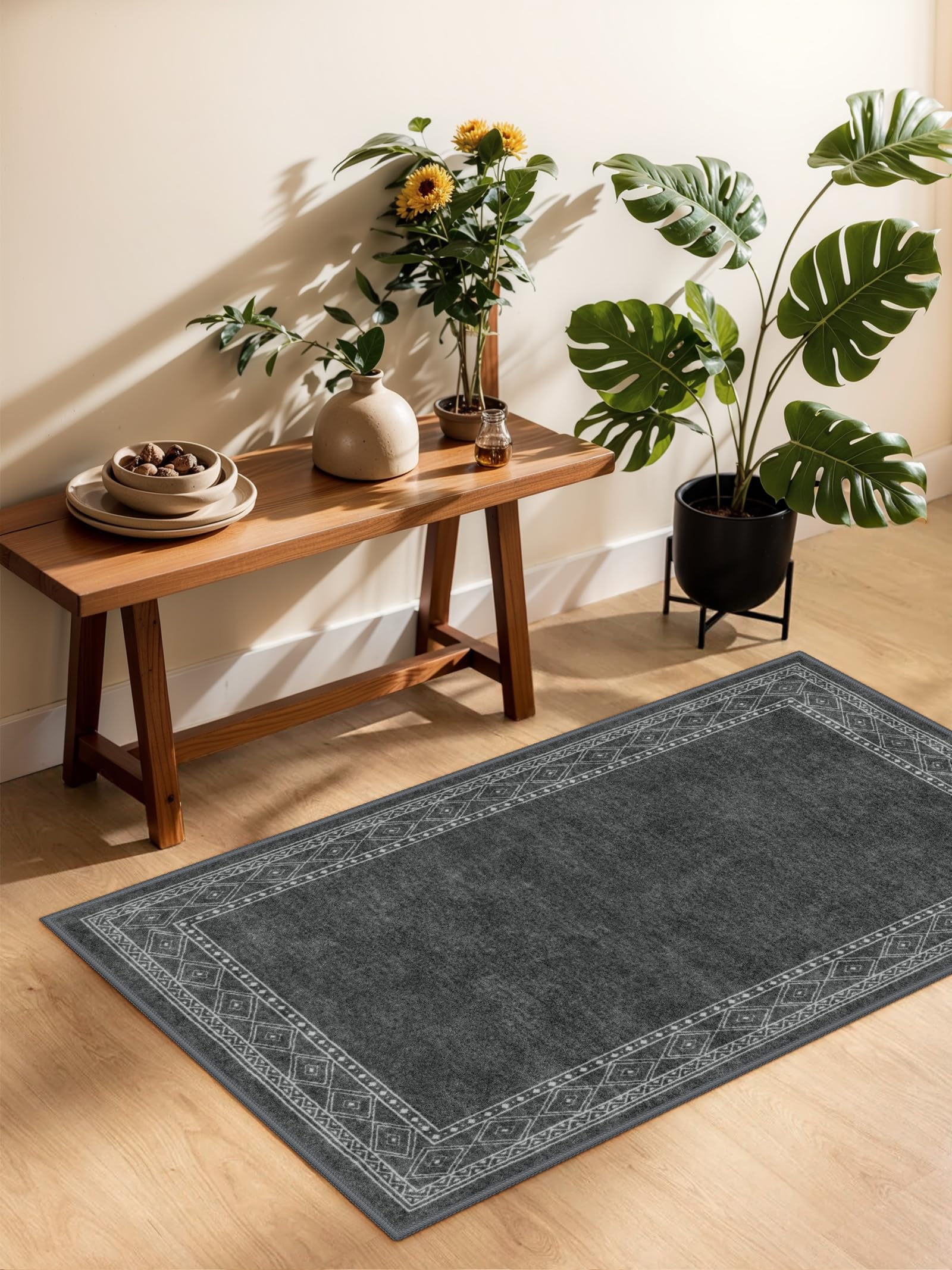 Lahome Modern Bordered 2x3 Rugs for Entryway Bedroom, Gray Kitchen Rugs Non Slip Washable Ultra-Thin Indoor Door Mat for Entry, Soft Stain Resistant T