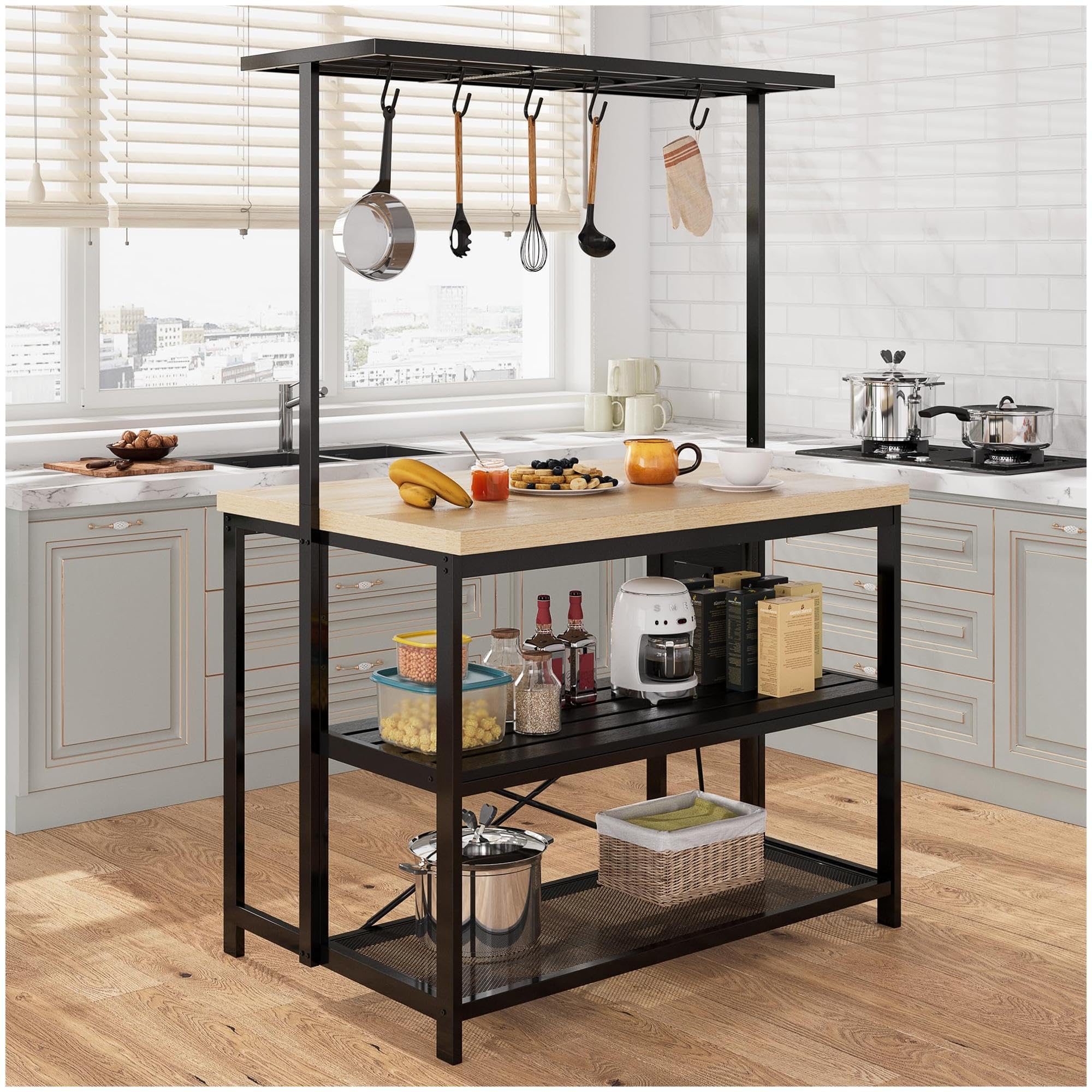 Garvee Kitchen Island，Bakers Rack，Coffee Bar Table, Large with Charge, Pear Wood Tabletop and Black Metal Frame