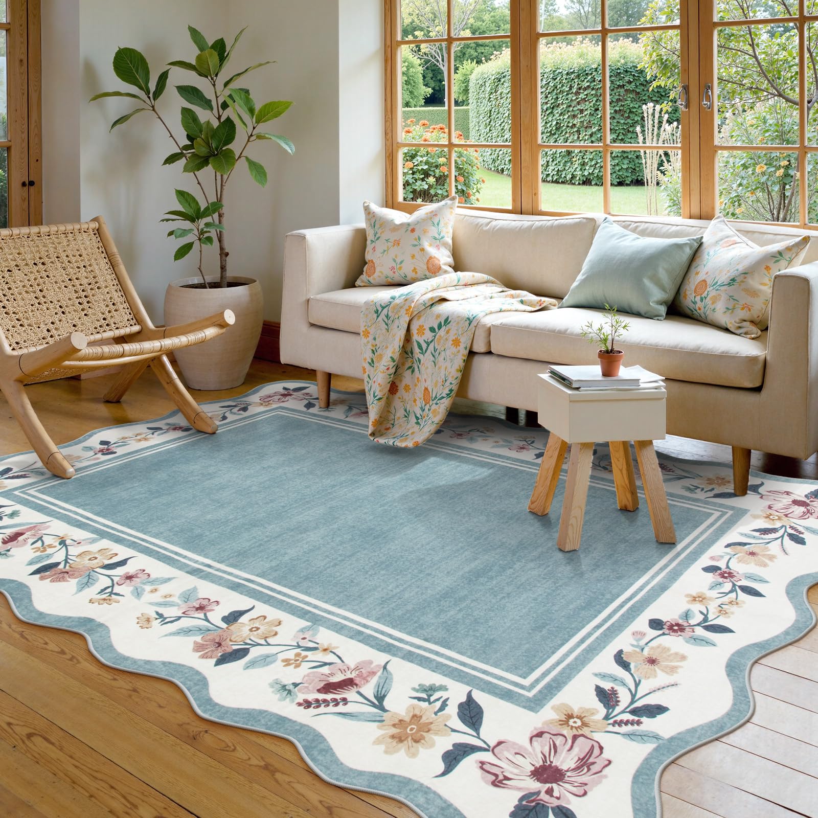 Lahome Floral Area Rug for Living Room, Washable Rugs 5x7 Soft Low Pile Scalloped Large Rugs for Bedroom, Farmhouse, Dining Room, Kids, Blue 5' x 7' (