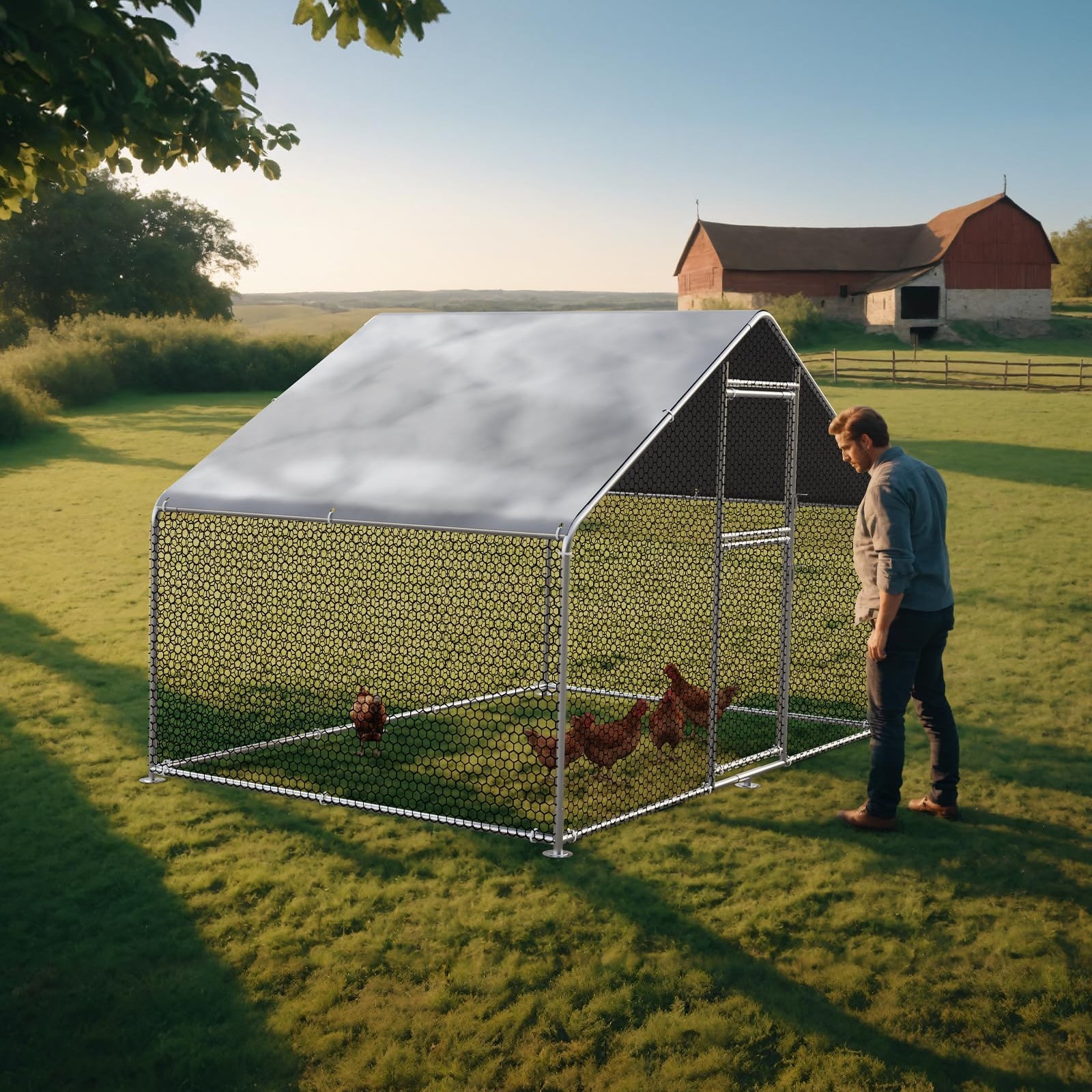 Garvee Large Metal Chicken Coop: Outdoor Walk-in Poultry Cage for 6-10 Chickens, Spire Shaped, Waterproof Anti-UV Cover for Farm or Backyard