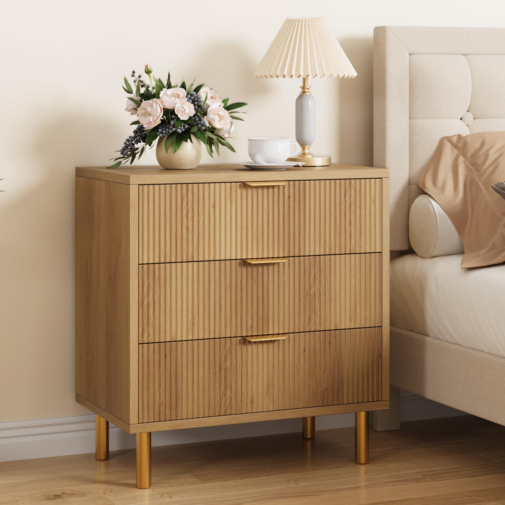 Garvee Walnut Dresser, Modern 3 Drawer Dresser for Bedroom with Gold Handle and Large Drawer, Wood Double Chest of Drawers and Storage Organizer for L