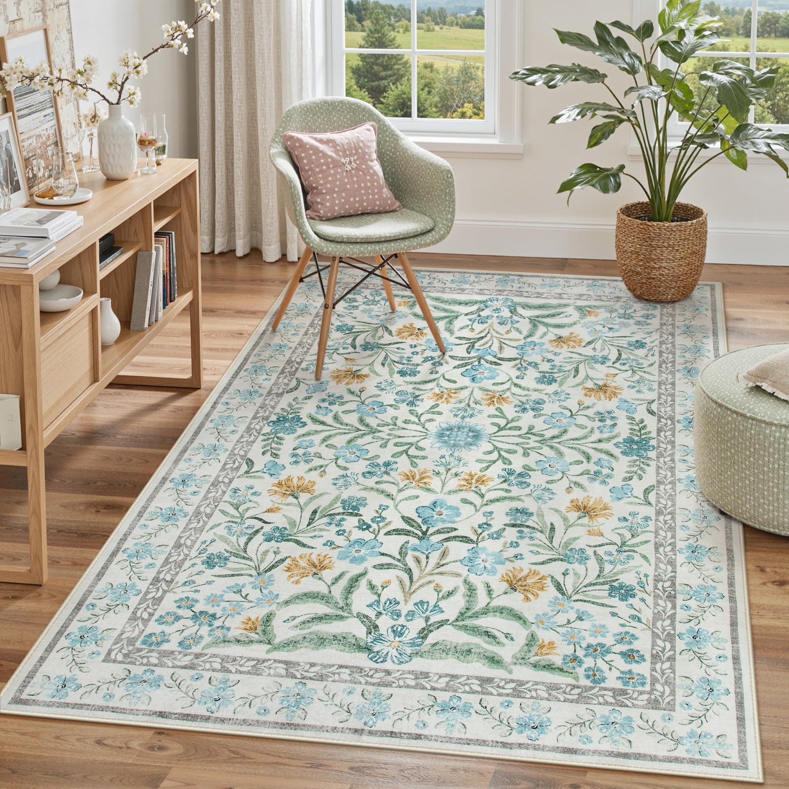 Lahome Blue 5x7 Area Rugs for Living Room, Boho Floral Washable Girls Bedroom Rug, Soft Retro Non-Slip Nursery Carpet for Kids Room Playroom Apartment
