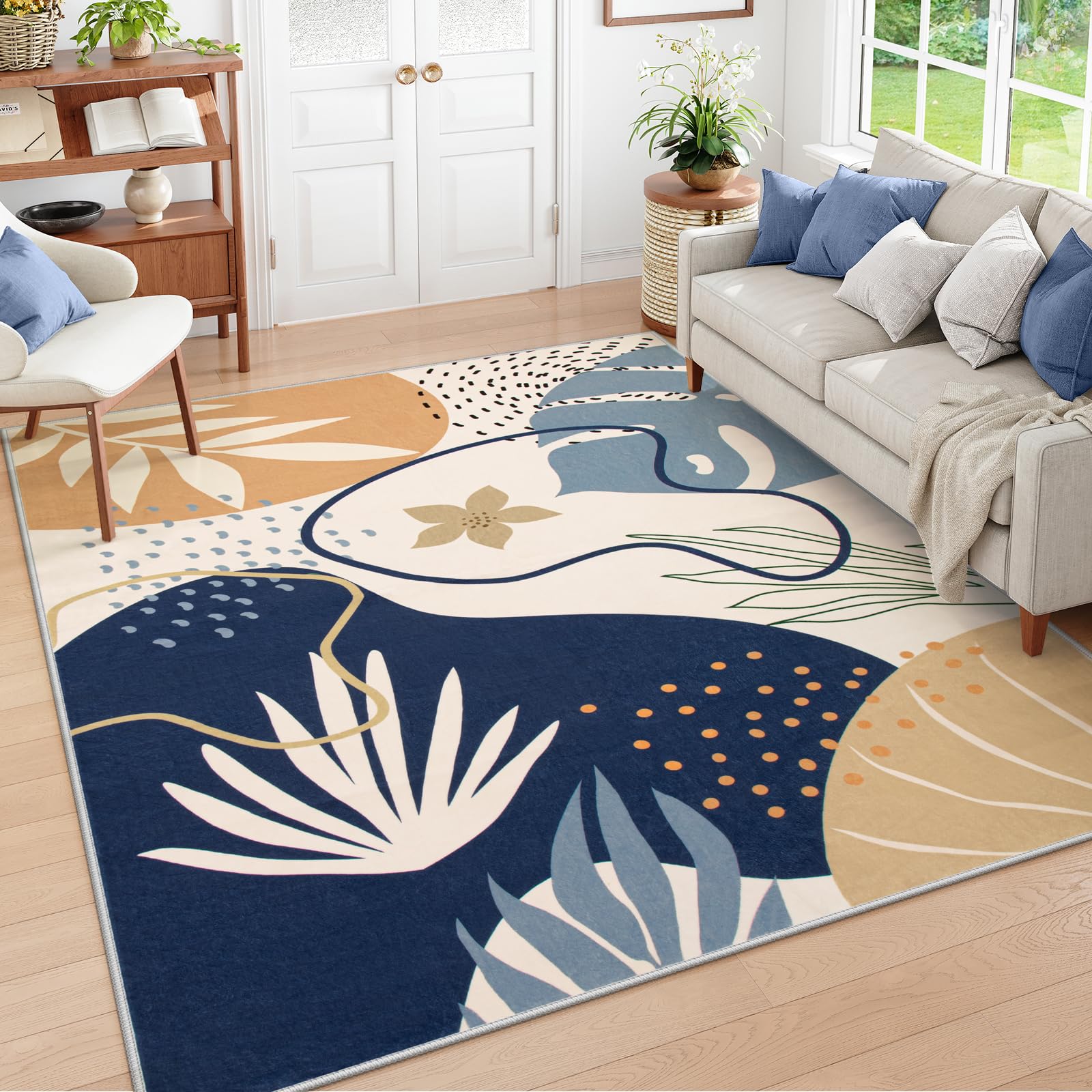 Lahome Rug for Living Room - 5x7 Area Rug Washable Non-Slip Bedroom Carpet Ultra-Thin Throw Cute Soft Kids Nursery Rug, Boho Botanical Print Stain Res