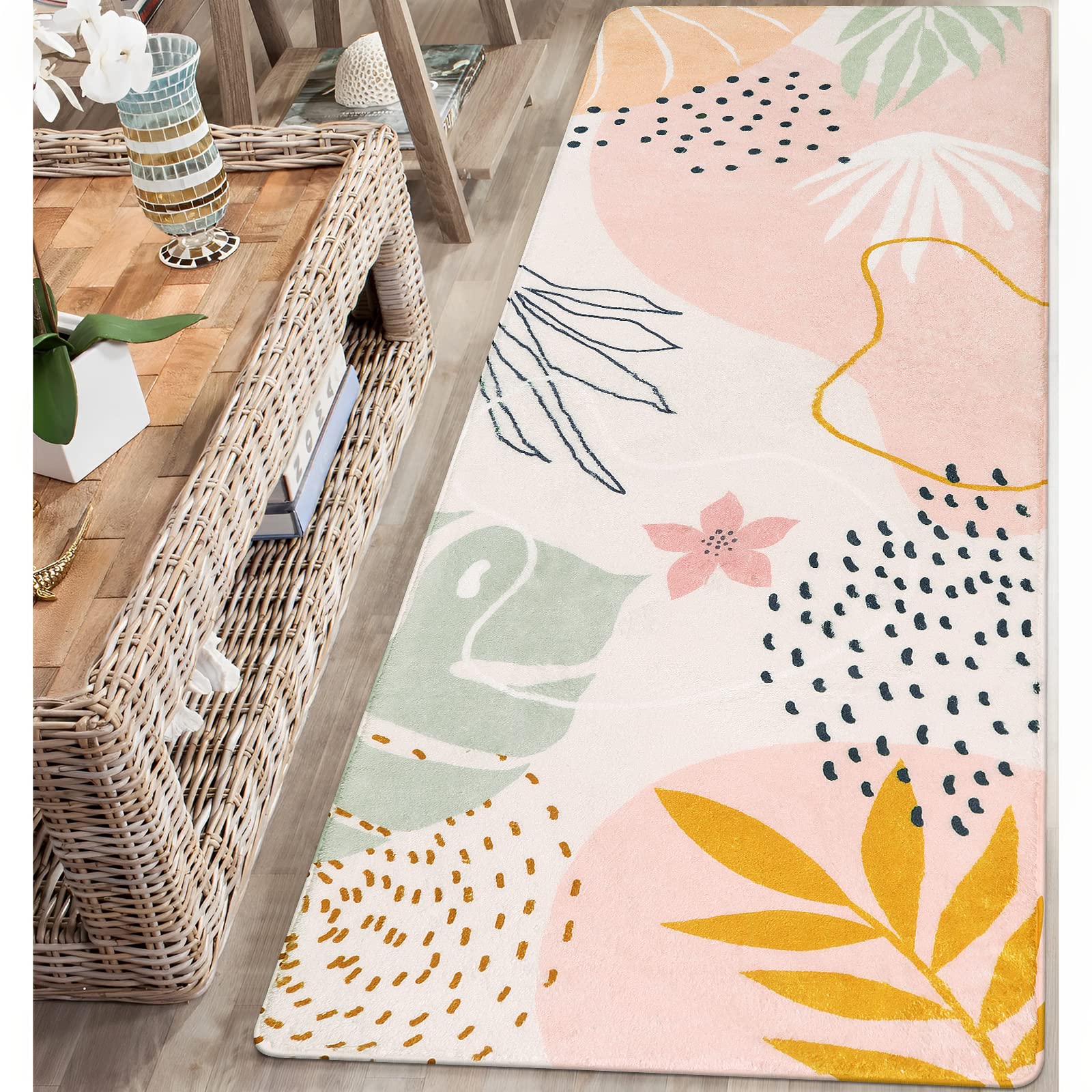 Lahome Pink Washable Runner Rug - 2x6 Non-Slip Throw Hallway Runner Rugs Low-Pile Soft Bedroom Kitchen Runner Rug Boho Botanical Print Carpet Runner f