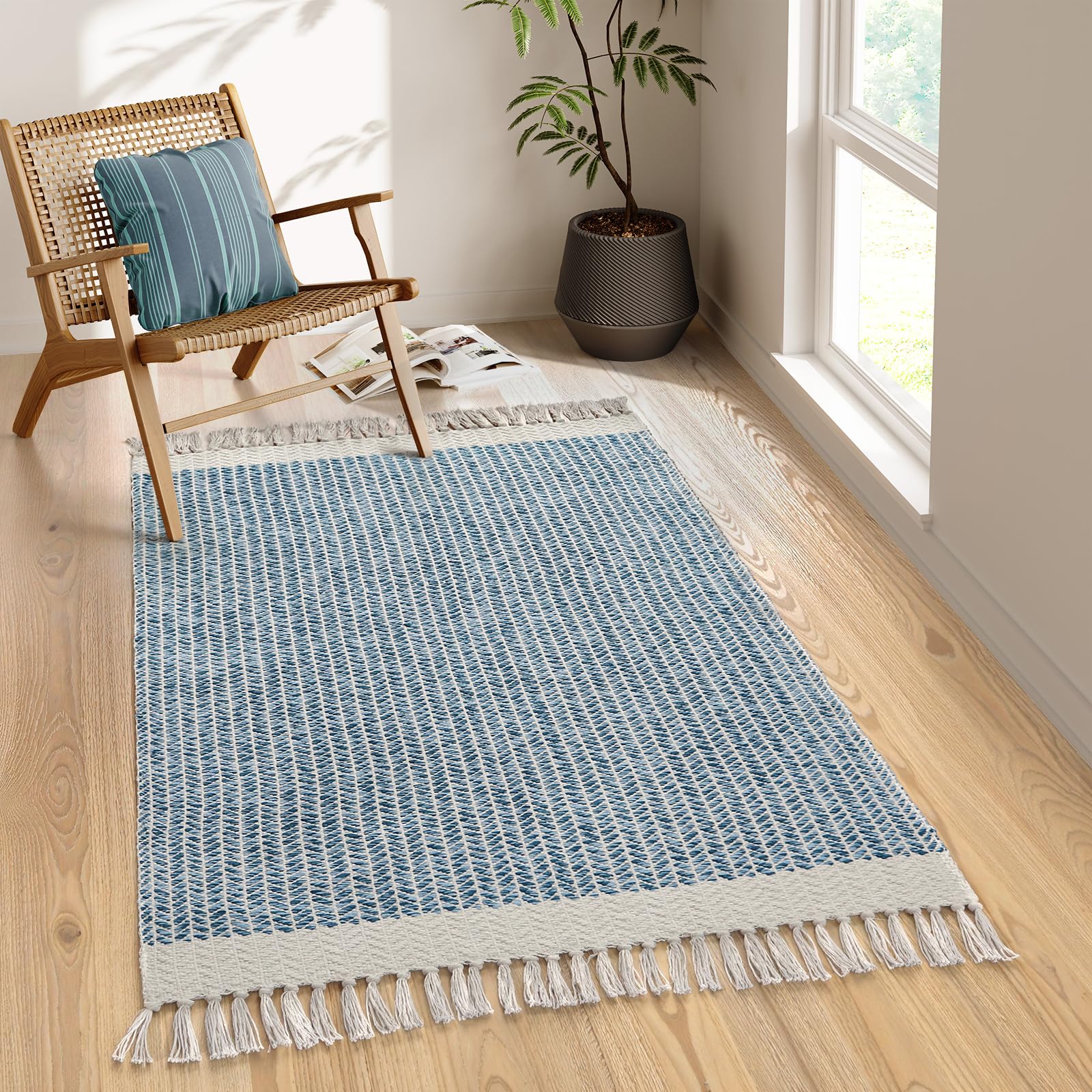 Lahome Boho Bedroom Rug, 3x5 Blue Office Rug Lightweight Bath Door Mats Indoor Woven Entry Rugs with Tassels, Non Shedding Washable Throw Farmhouse Ca